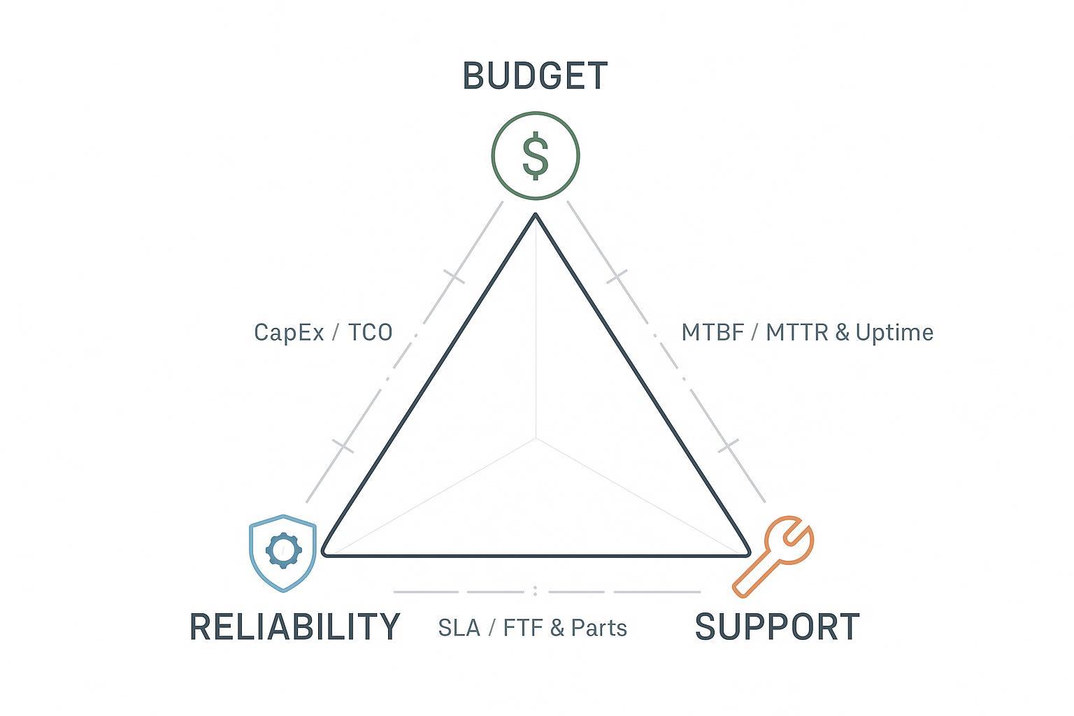 Budget–Reliability–Support triangle with technical annotations for SMT vendor comparison