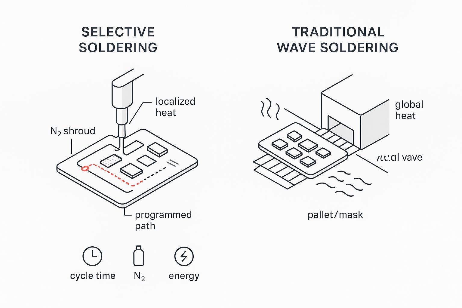 Minimalistic engineering schematic comparing selective soldering nozzle path versus traditional wave soldering with labeled process features