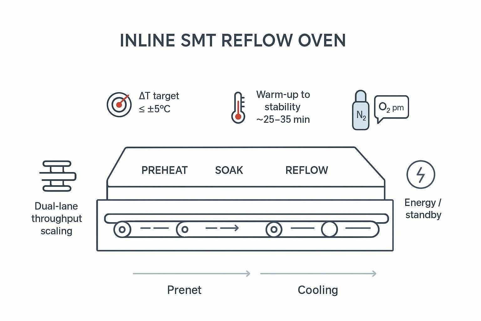 Minimalist schematic of an inline SMT reflow oven with zones, dual-lane conveyor, nitrogen O2 ppm callout, and energy standby icon.