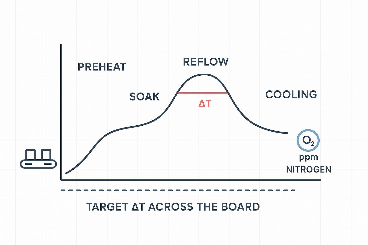 Technical schematic of a reflow soldering temperature profile with phases, TAL, Delta T, and O2 ppm annotations.