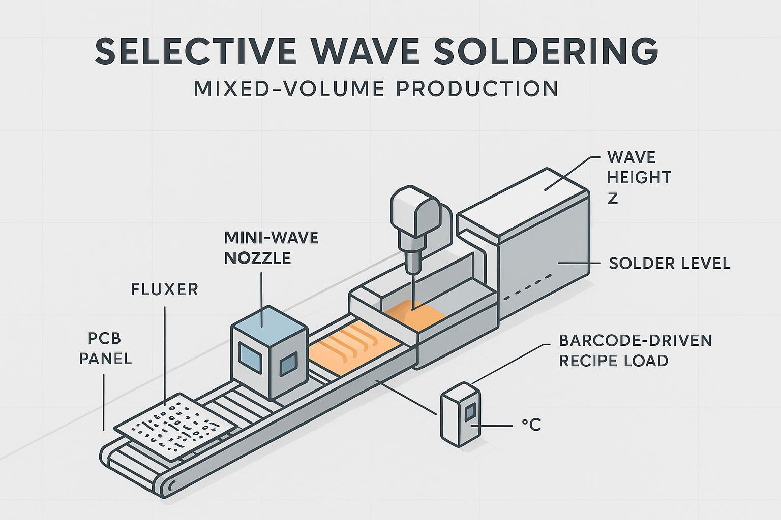 Minimalist schematic of a selective wave soldering line with annotated wave height, solder level, temperature, and barcode-driven recipe load.