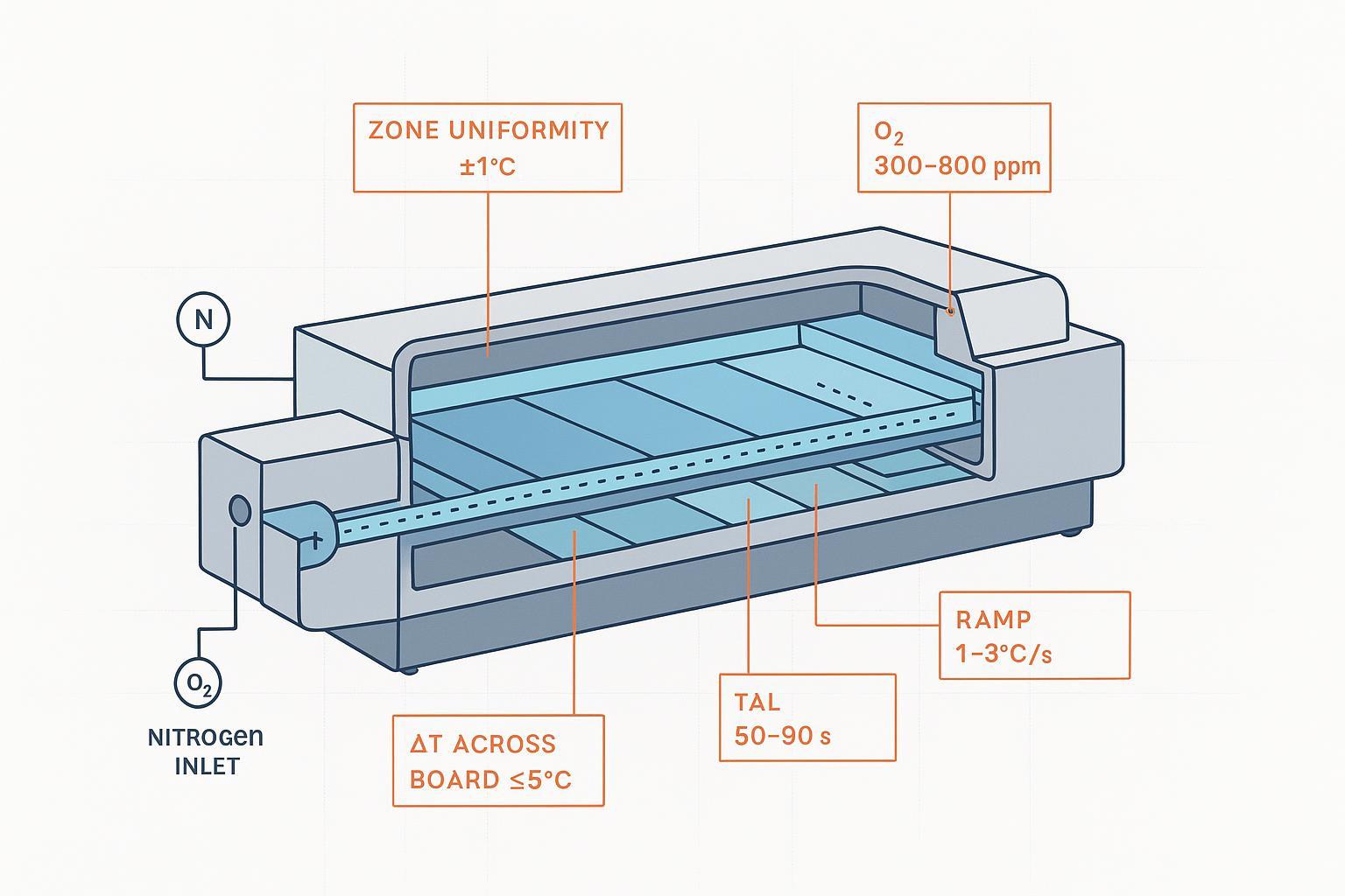 Engineering infographic of a multi-zone SMT reflow oven with labeled heating and cooling zones, nitrogen and oxygen controls, and vacuum callout