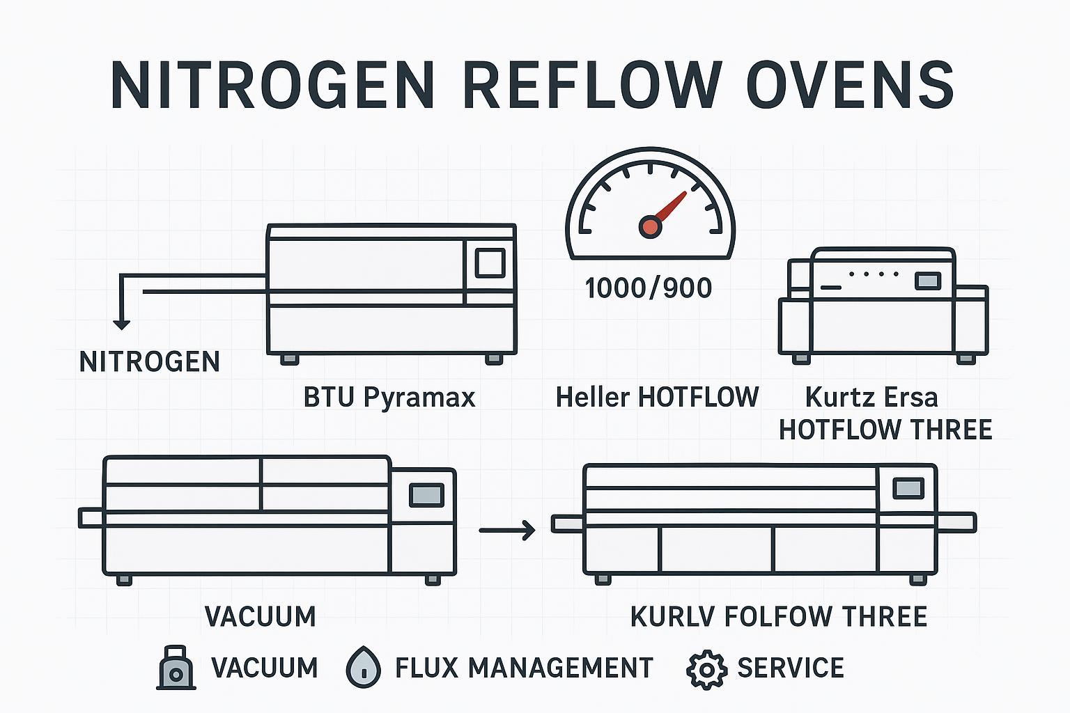 Heller vs BTU vs Rehm vs Ersa: Nitrogen Reflow Oven Comparison (2026) - S&M Co.Ltd Minimalist technical cover comparing nitrogen reflow ovens with oxygen ppm gauge and nitrogen flow efficiency icons