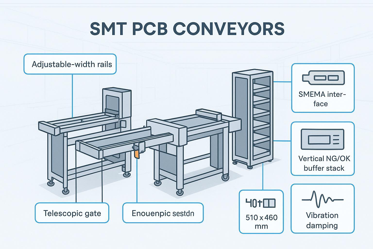 Infographic cover showing SMT conveyor comparison with SMEMA callouts, long-board rails, and NG/OK buffer