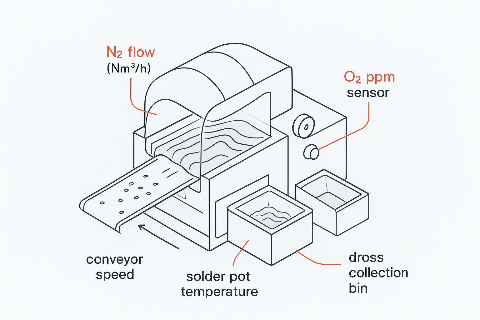 Wave Soldering Machine Manufacturer China: How to Evaluate Process Stability, Support, and Export Experience - S&M Co.Ltd Engineering infographic of a nitrogen-inerted wave soldering machine showing N2 flow, O2 sensor, solder pot temperature, dross bin, and conveyor speed.