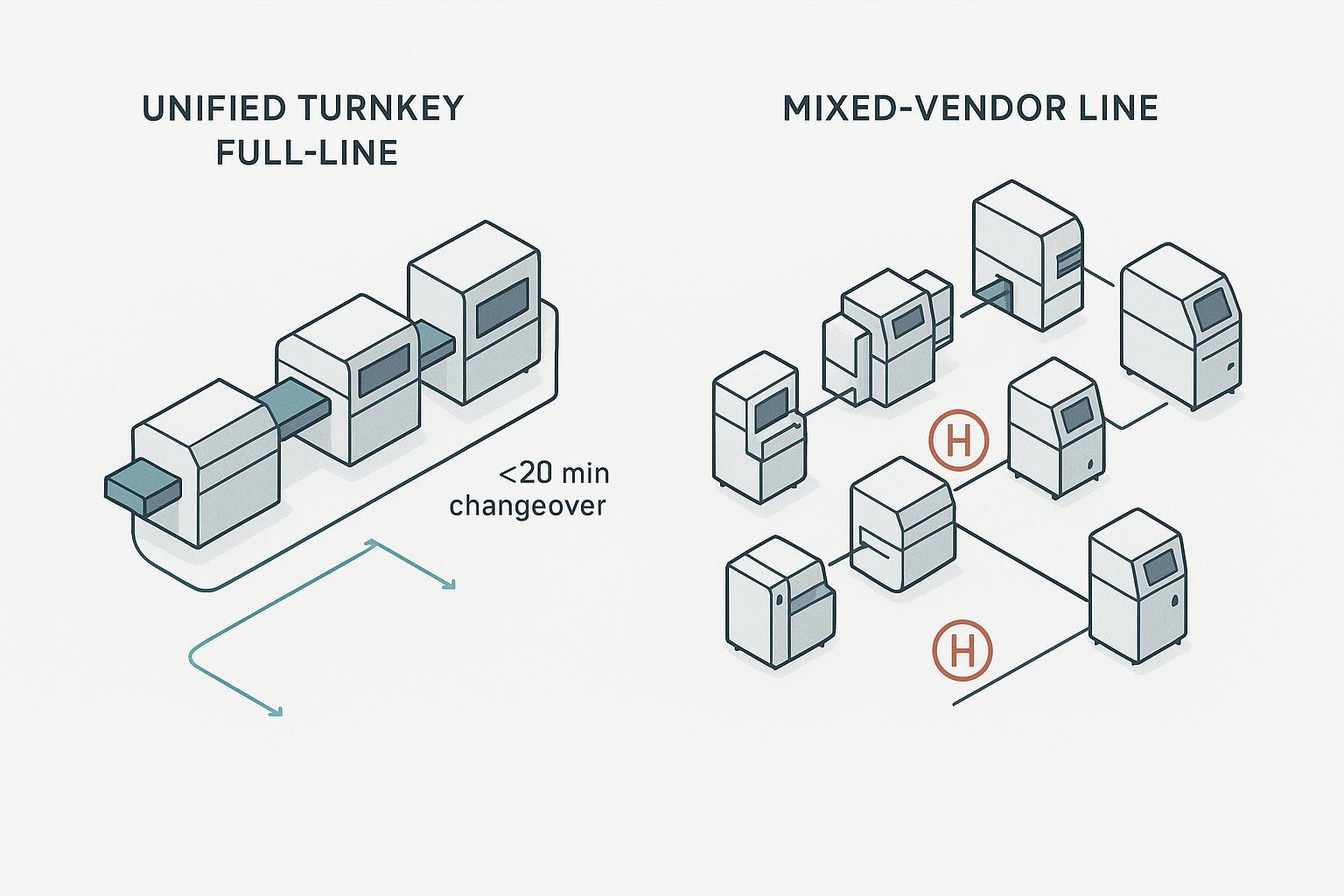 Minimalist engineering diagram comparing a unified SMT full-line vs mixed-vendor line, highlighting changeover and nitrogen usage