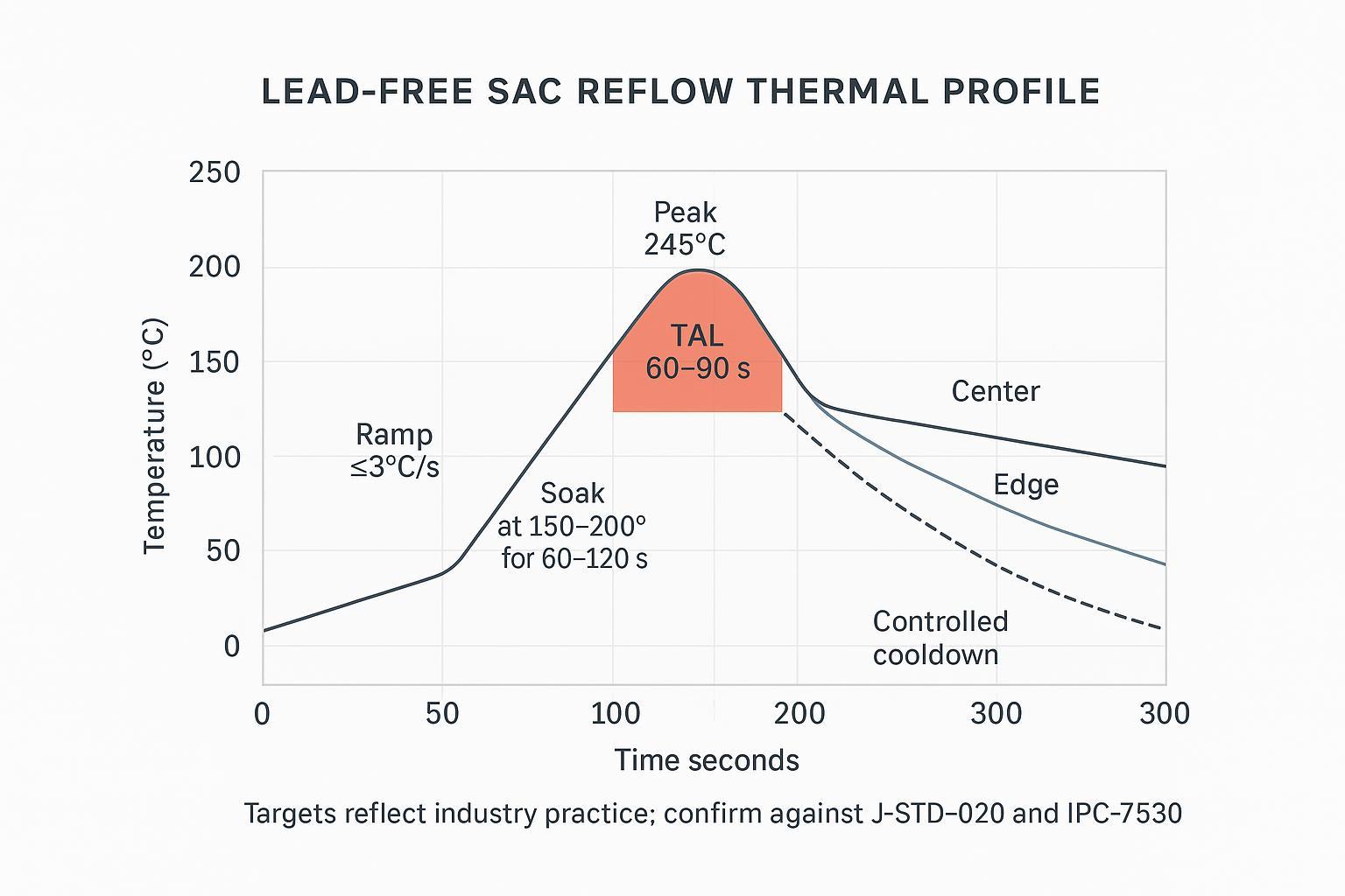 Annotated lead-free SAC reflow thermal profile showing ramp, soak, peak, and TAL with three thermocouple traces and small delta-T