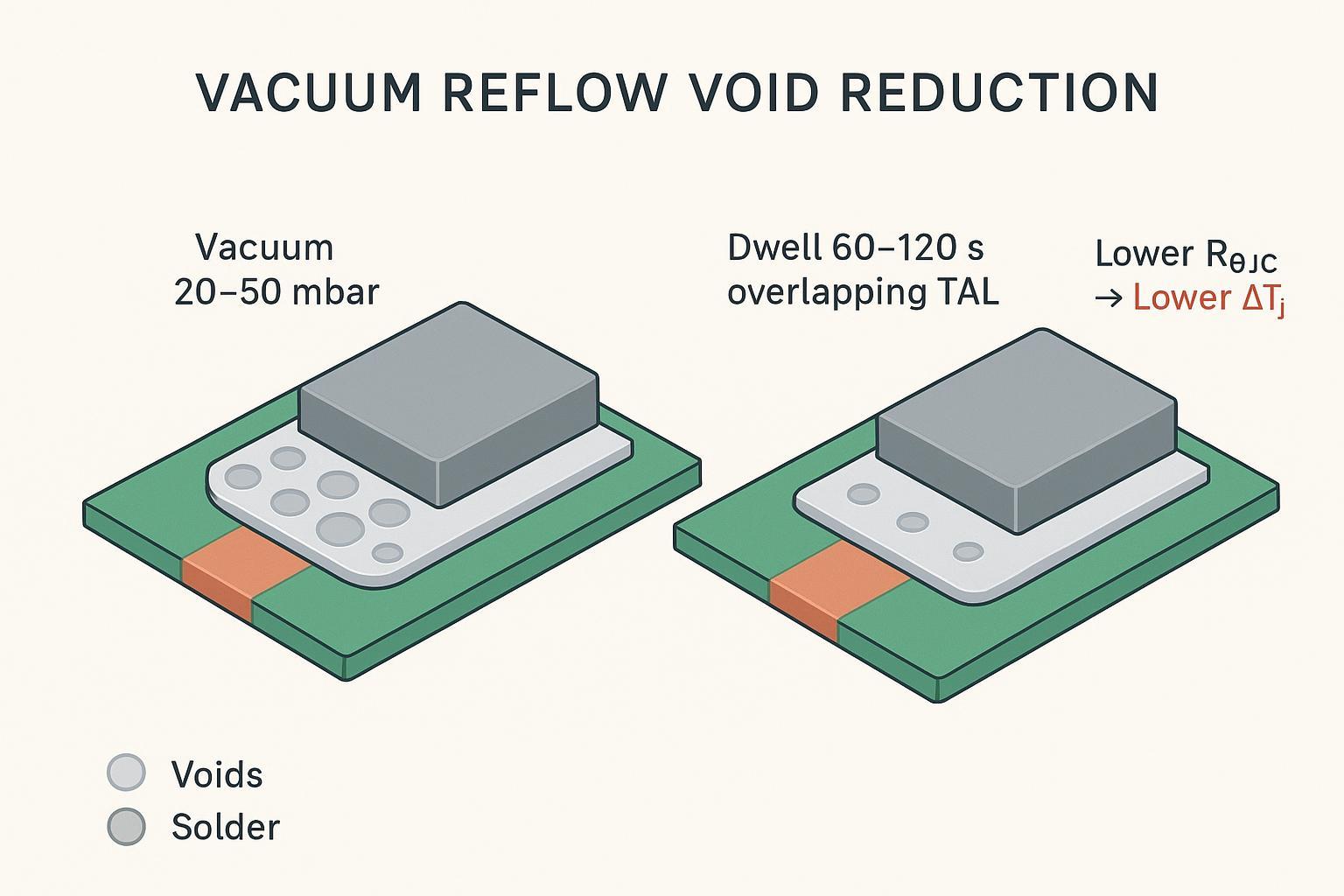 Engineering infographic showing before/after vacuum reflow reducing voids under a MOSFET thermal pad with parameter annotations.