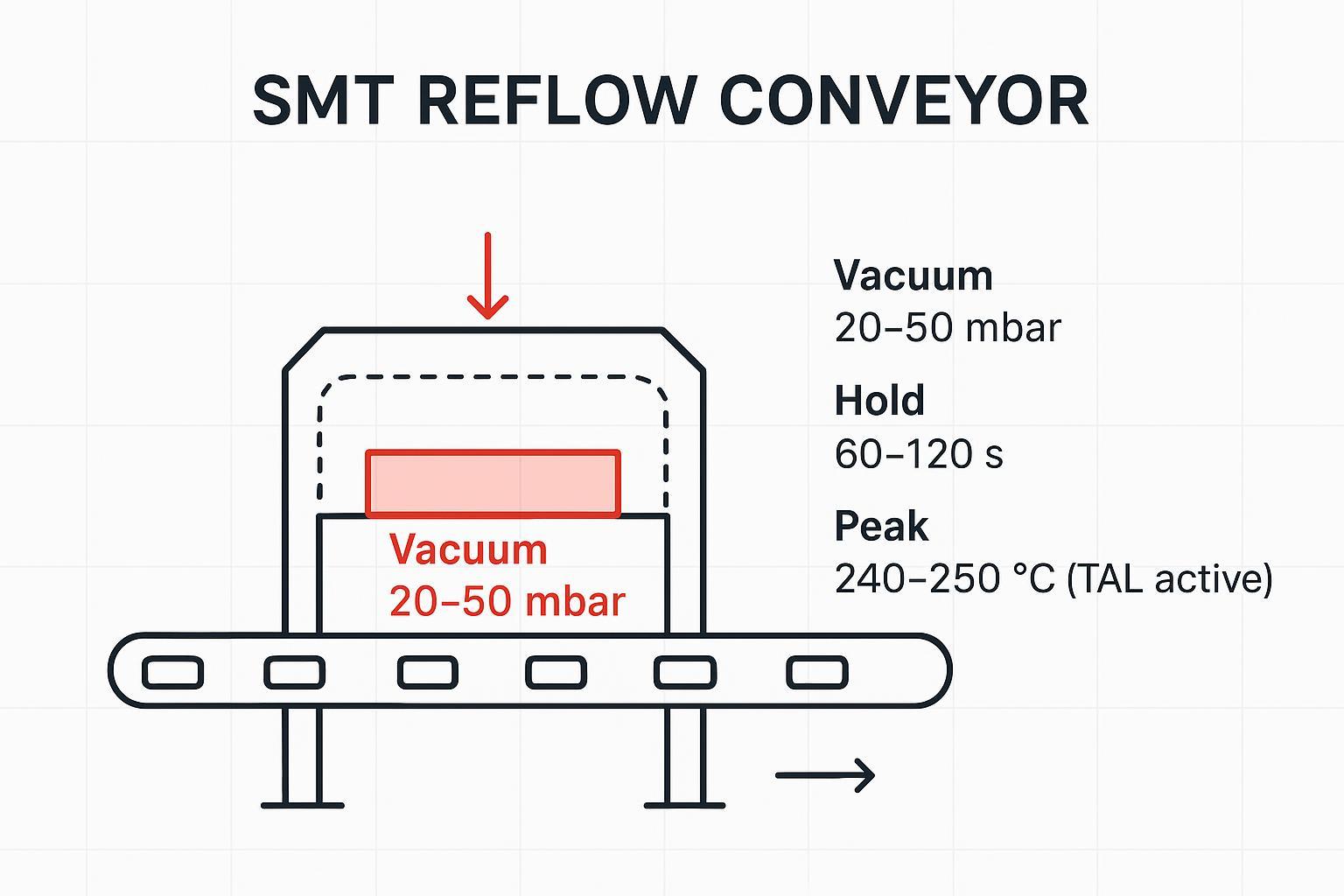 Vacuum reflow oven schematic with annotated vacuum level 20–50 mbar, hold 60–120 s, and peak 240–250 °C during TAL.