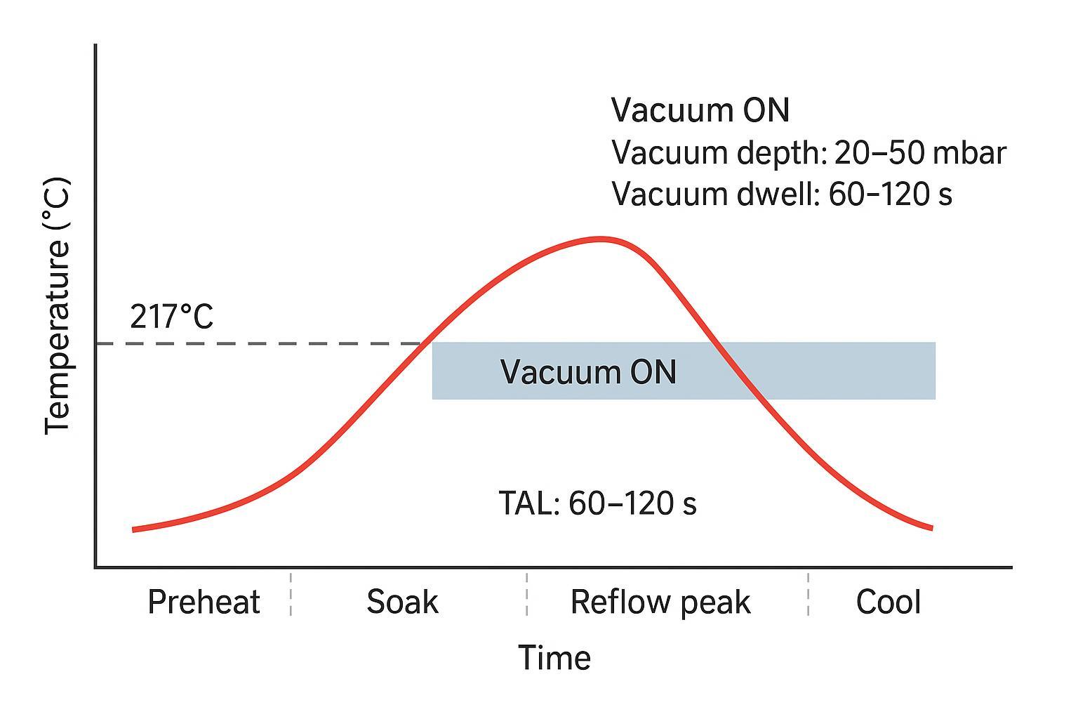 Reflow profile with vacuum activation during TAL showing 20–50 mbar for 60–120 s after liquidus (217 °C).