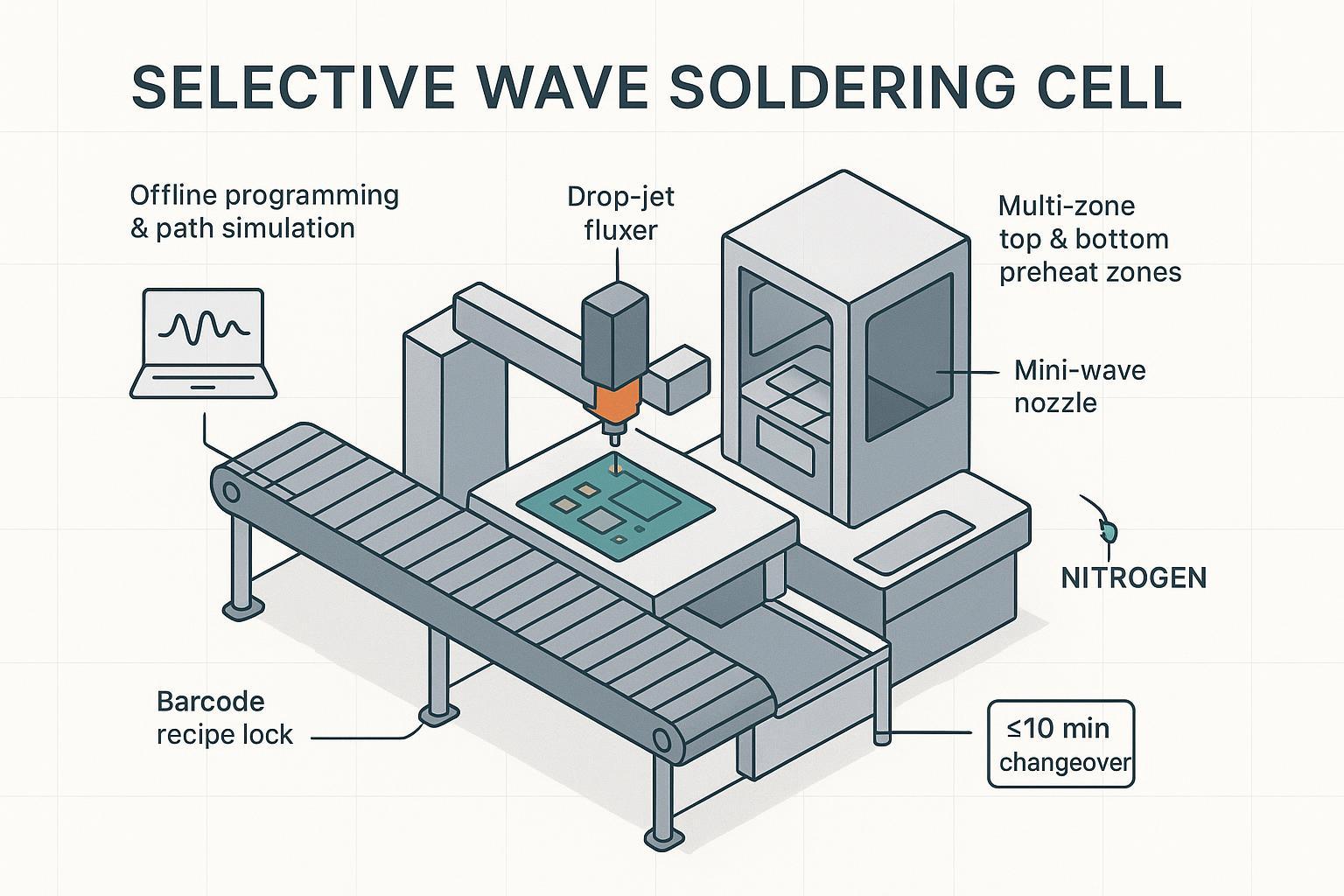 Engineering schematic of a selective wave soldering cell with path simulation, barcode recipe lock, dual pots, and fast changeover callouts