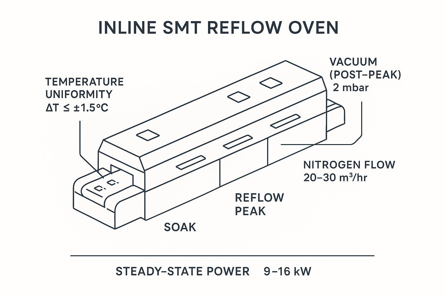 Ersa Reflow Oven Alternatives: Compare Price, Capability, and Global Support - S&M Co.Ltd Engineering schematic of an SMT reflow oven stages with vacuum, ΔT, N2, and power callouts.