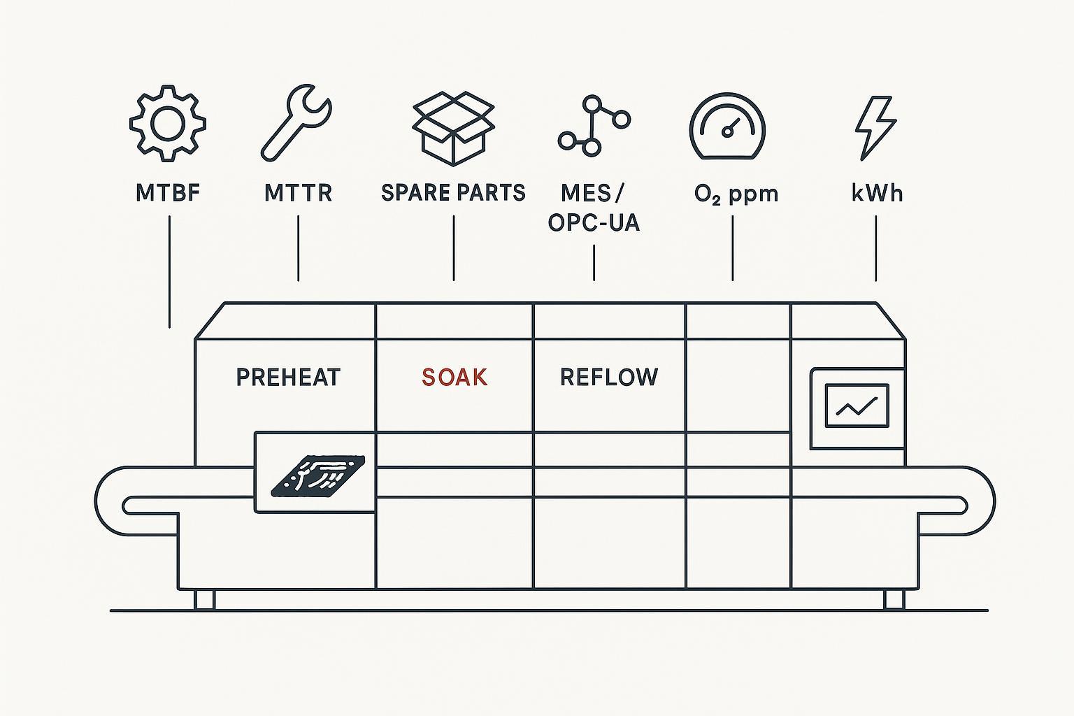 Minimalist engineering schematic of a reflow oven with availability and MES icons for an alternatives comparison