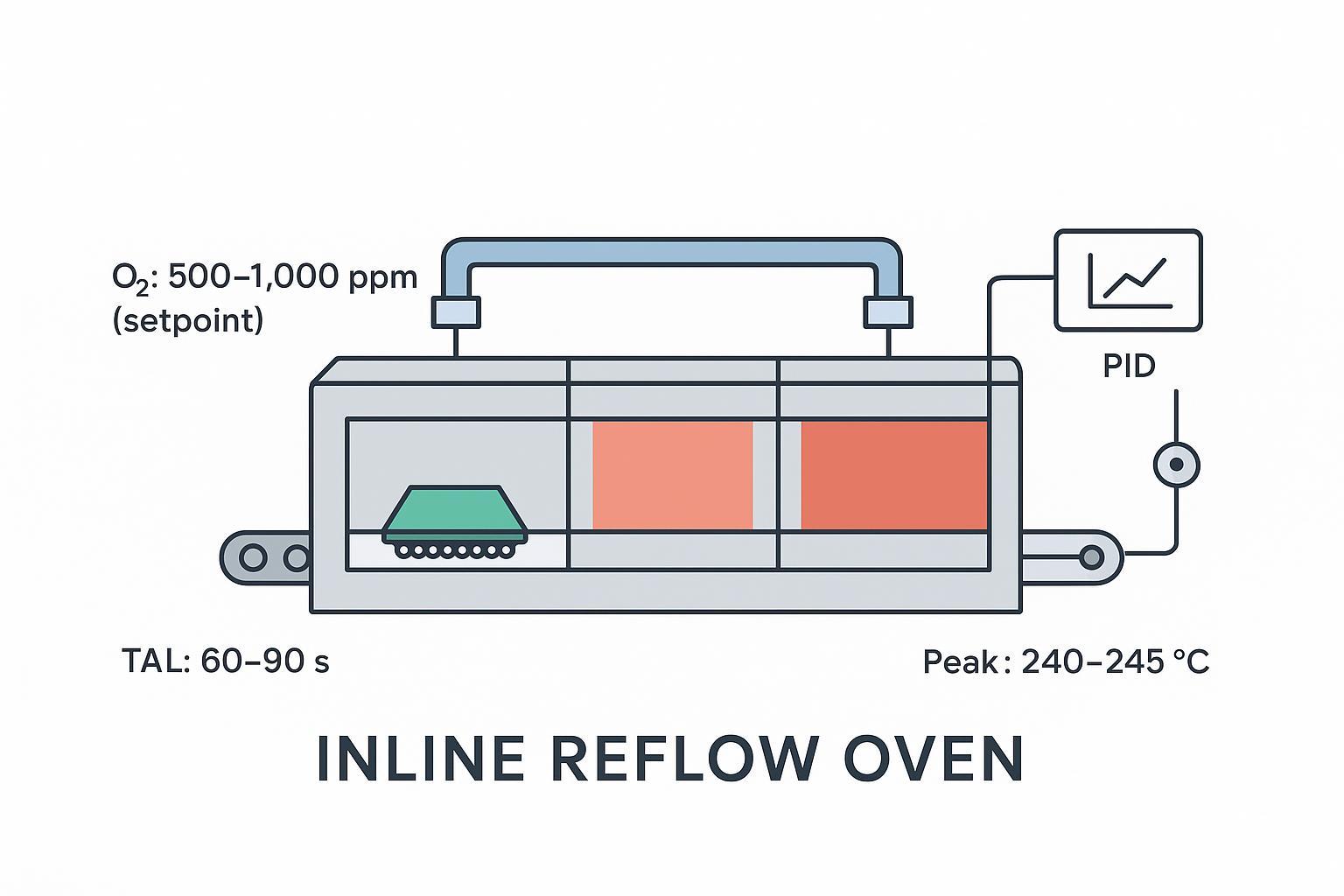 Minimalist reflow oven cross‑section with nitrogen inlet, oxygen sensor, and key profile labels