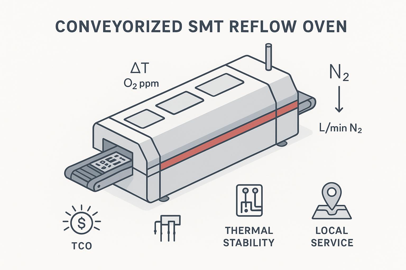 Minimalist engineering cover: SMT reflow oven zones, nitrogen cues, and metrics ΔT, O2 ppm, N2 L/min with Asia service icon.
