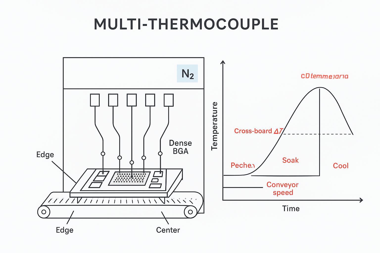 Infographic: mid‑mix PCB reflow profiling with six thermocouples and annotated ΔT and profile curve.