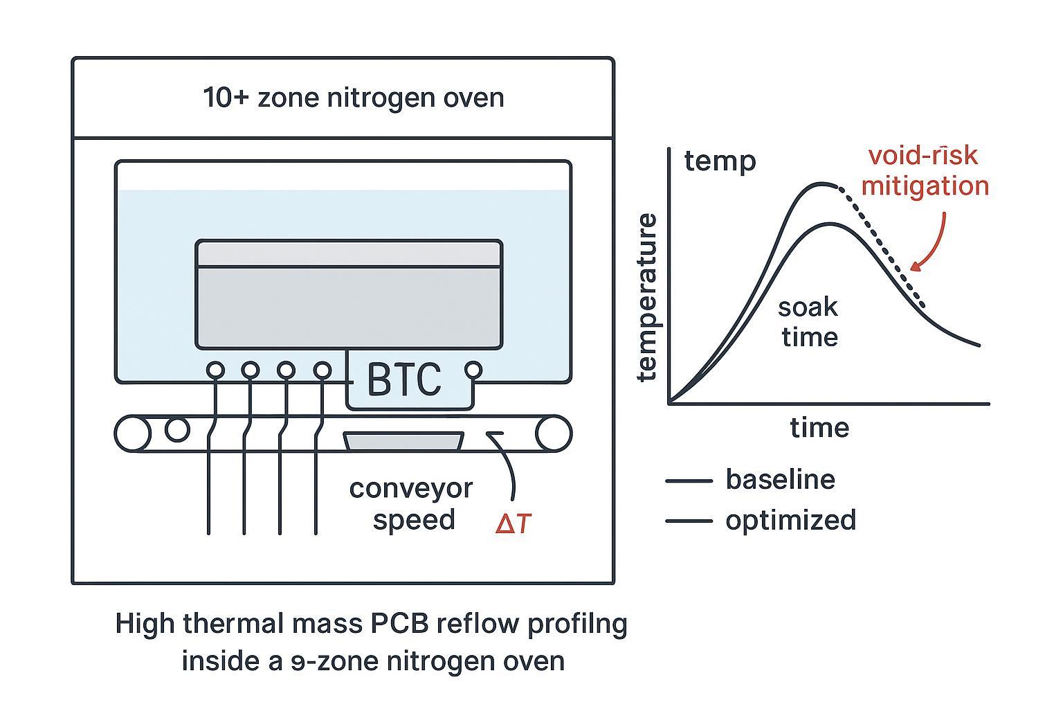 Infographic: heavy-board reflow profiling with multiple thermocouples and optimized profile showing reduced ΔT.