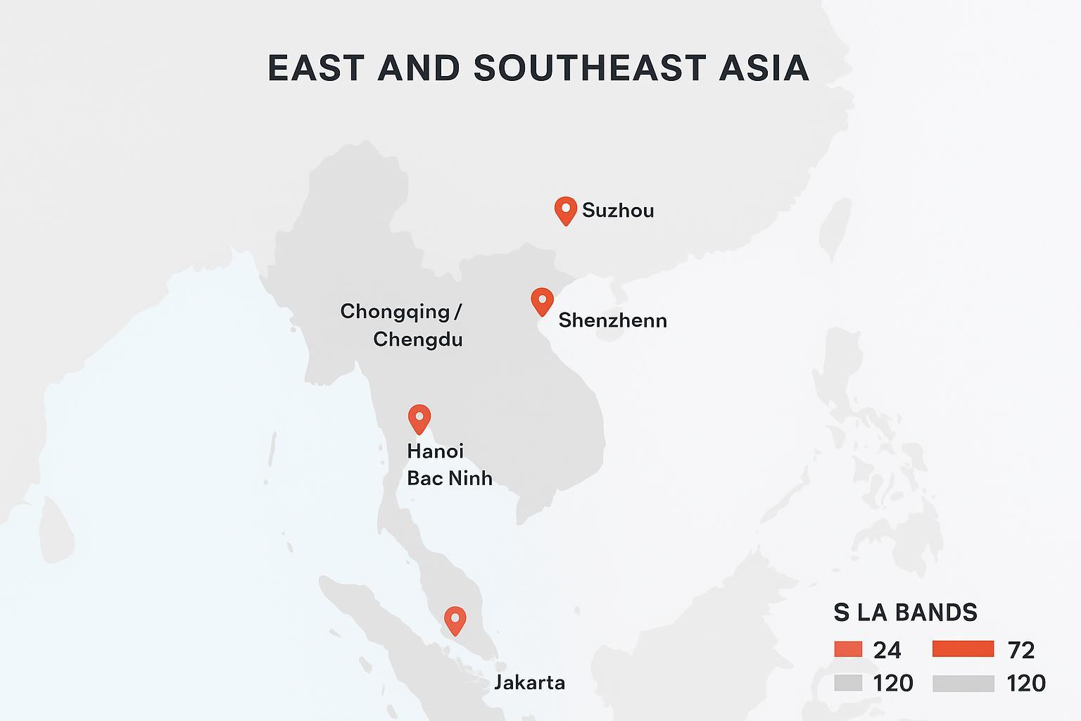 Infographic map: East & Southeast Asia service coverage schematic with hub pins and SLA legend.
