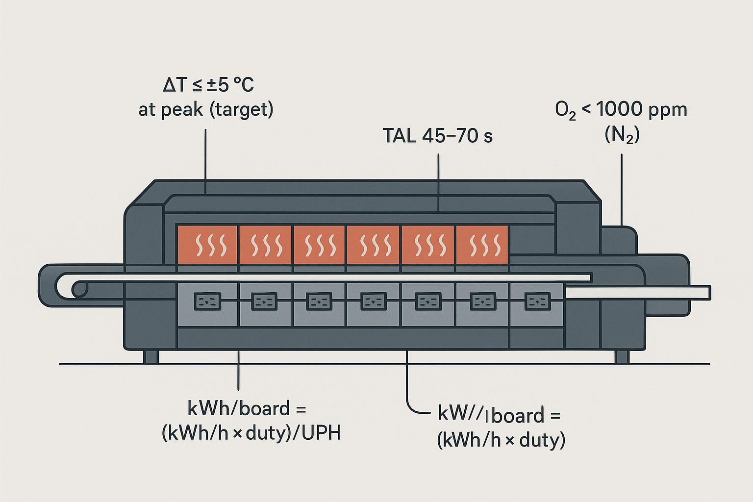 Engineering infographic of a multi-zone SMT reflow oven schematic with key process callouts