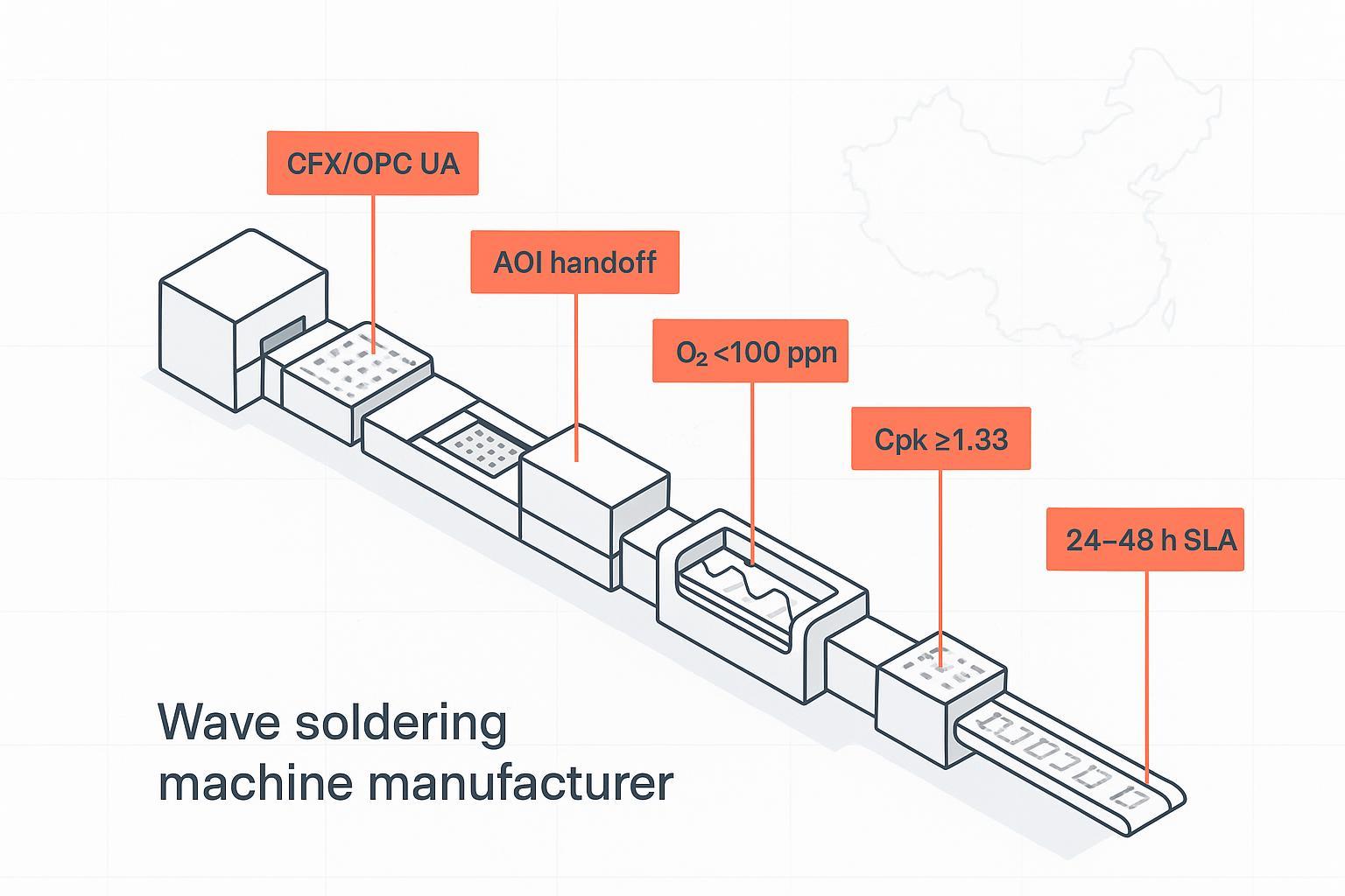Minimalist engineering schematic of a wave soldering line with integration, nitrogen, capability, and SLA callouts.