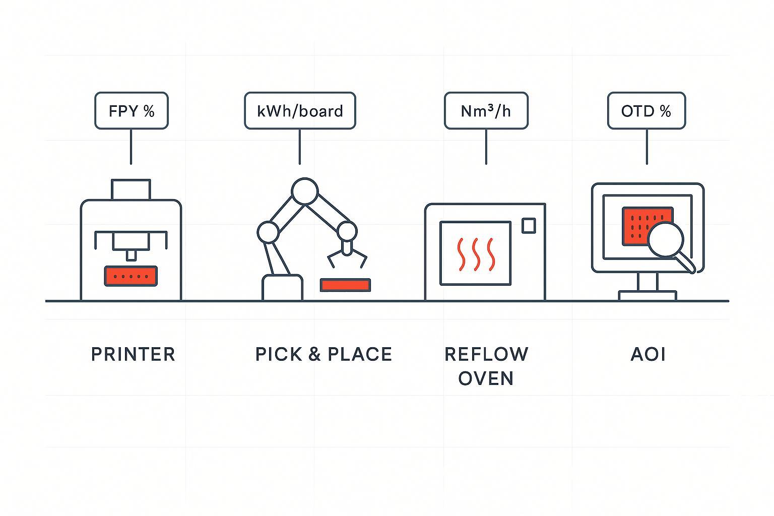 SMT equipment supplier China: Buyer Evaluation Scorecard - S&M Co.Ltd Minimalist engineering schematic of an SMT line with KPI callouts for FPY, kWh per board, Nm³ per hour, and on-time delivery percent.