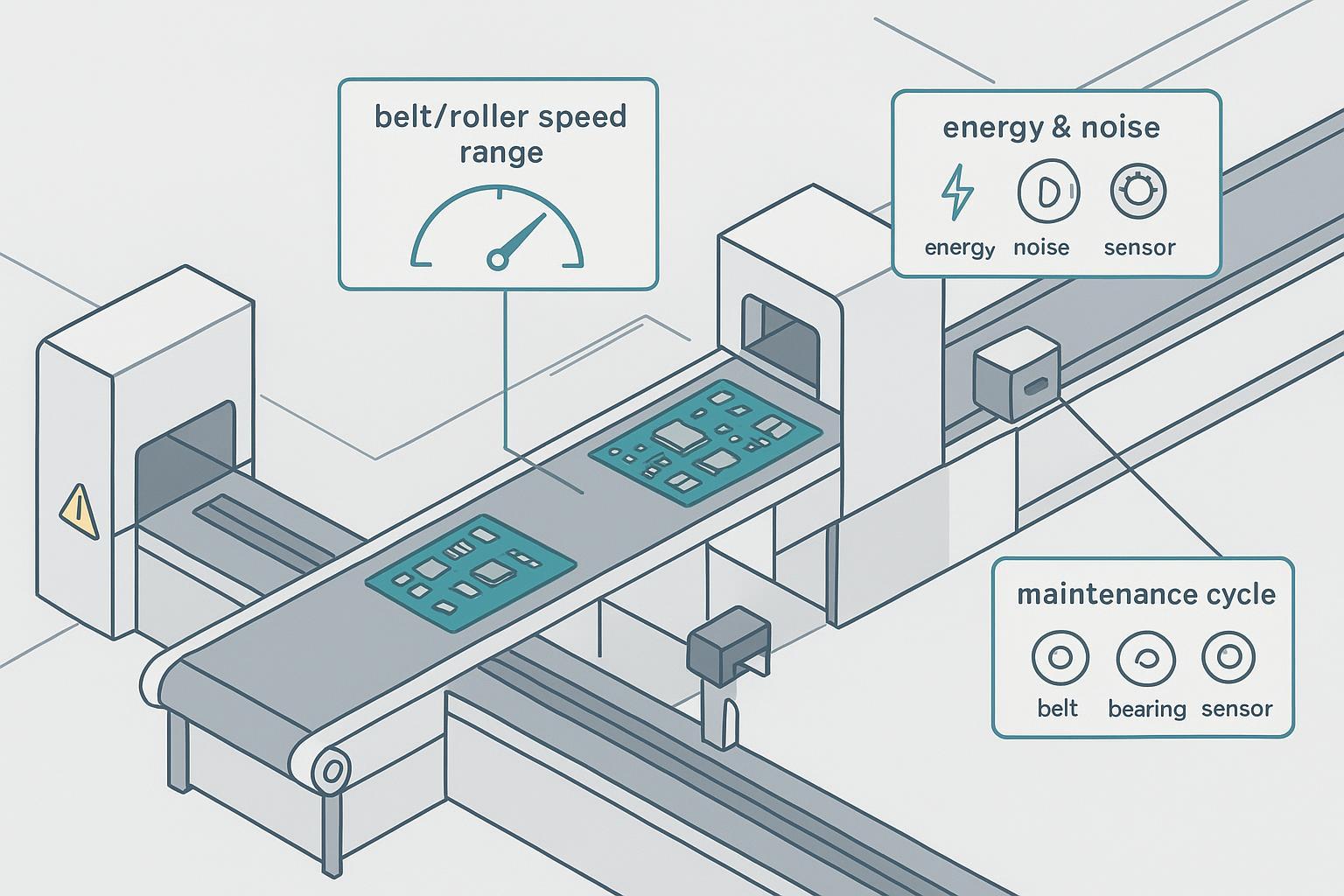 How to Compare SMT Conveyor Manufacturers in 2026 for High‑Mix, High‑Throughput Lines (SMT conveyor manufacturers comparison) - S&M Co.Ltd Minimalist engineering infographic of an SMT PCB conveyor with speed, takt, energy, noise, and maintenance cycle callouts