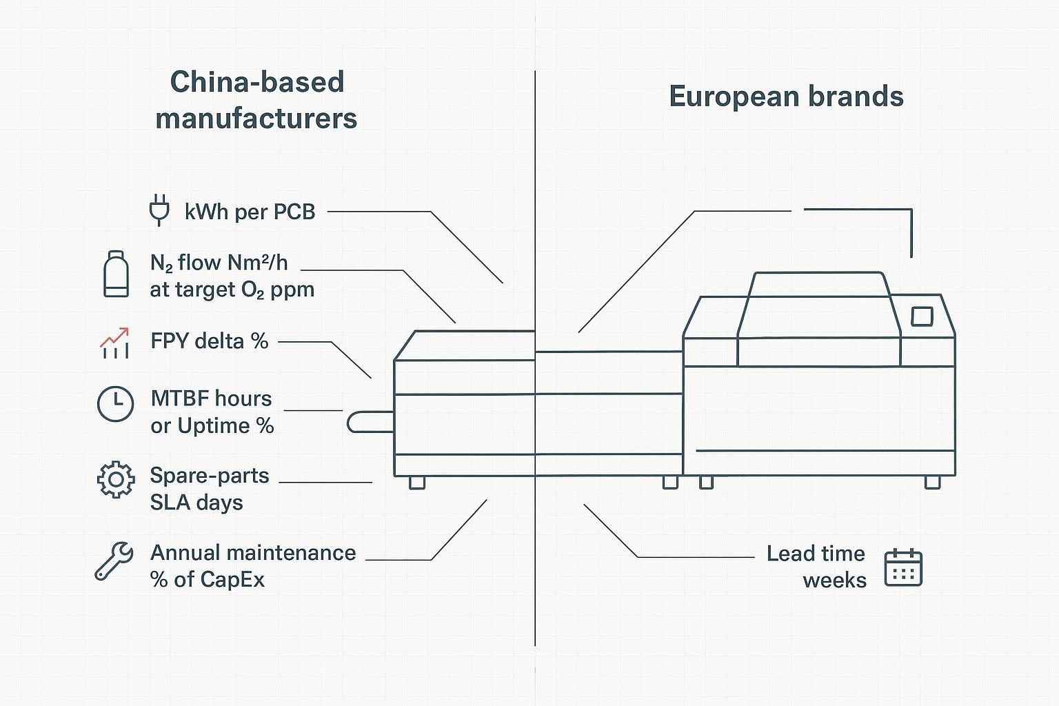 China SMT Equipment vs European Brands in 2026 — TCO, Risk, and Service Compared - S&M Co.Ltd Engineering infographic comparing China-based vs European SMT equipment with TCO and service metrics annotated