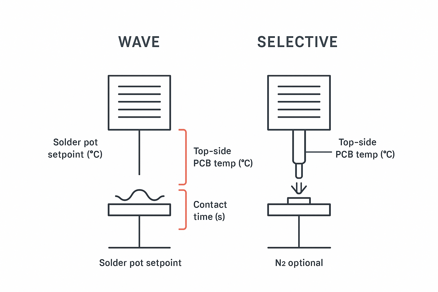 Minimalist engineering infographic comparing wave vs selective soldering temperature window settings (SAC305).