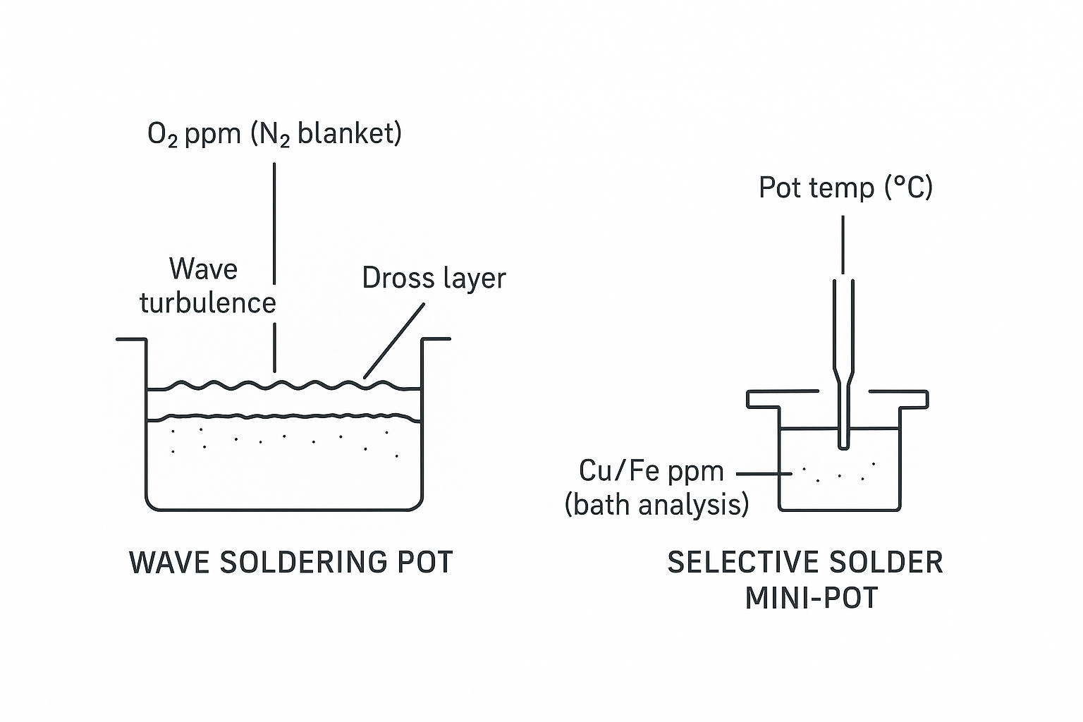 Wave Solder Pot Maintenance for Longer Tin Barrel Life: How to Cut Dross and Keep the Solder Bath in Spec - S&M Co.Ltd Minimal engineering infographic showing a wave soldering pot and selective solder mini-pot with callouts for nitrogen O2 ppm, pot temperature, dross layer, and Cu/Fe bath analysis.