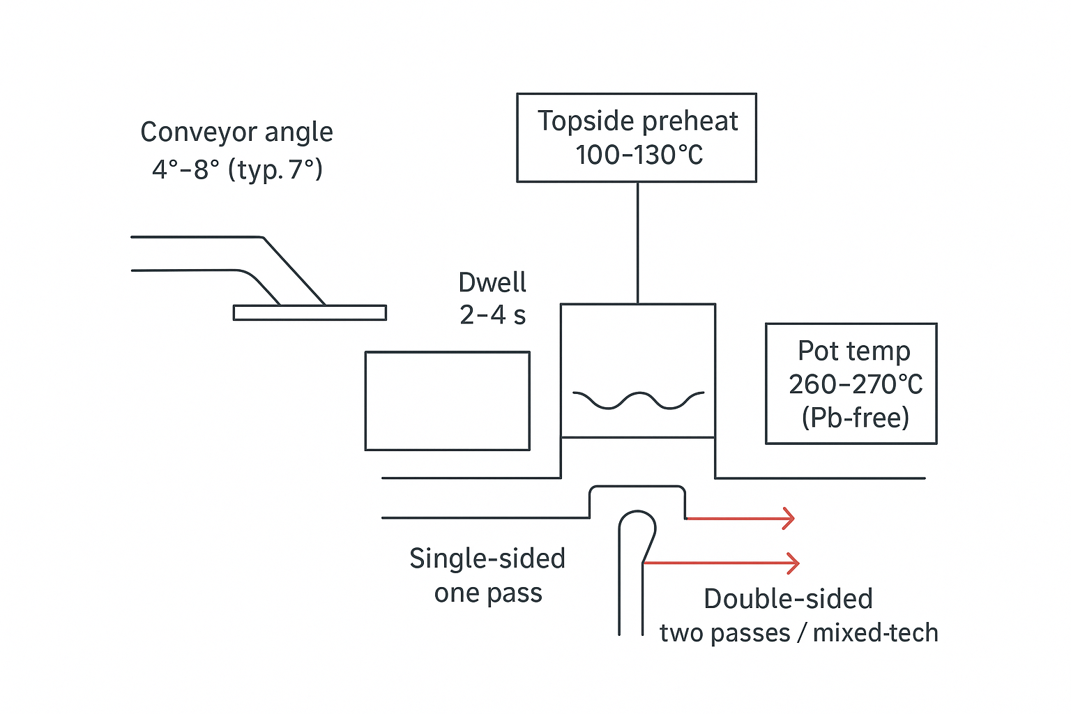 Minimal engineering infographic comparing single-sided vs double-sided wave soldering for PCB assembly