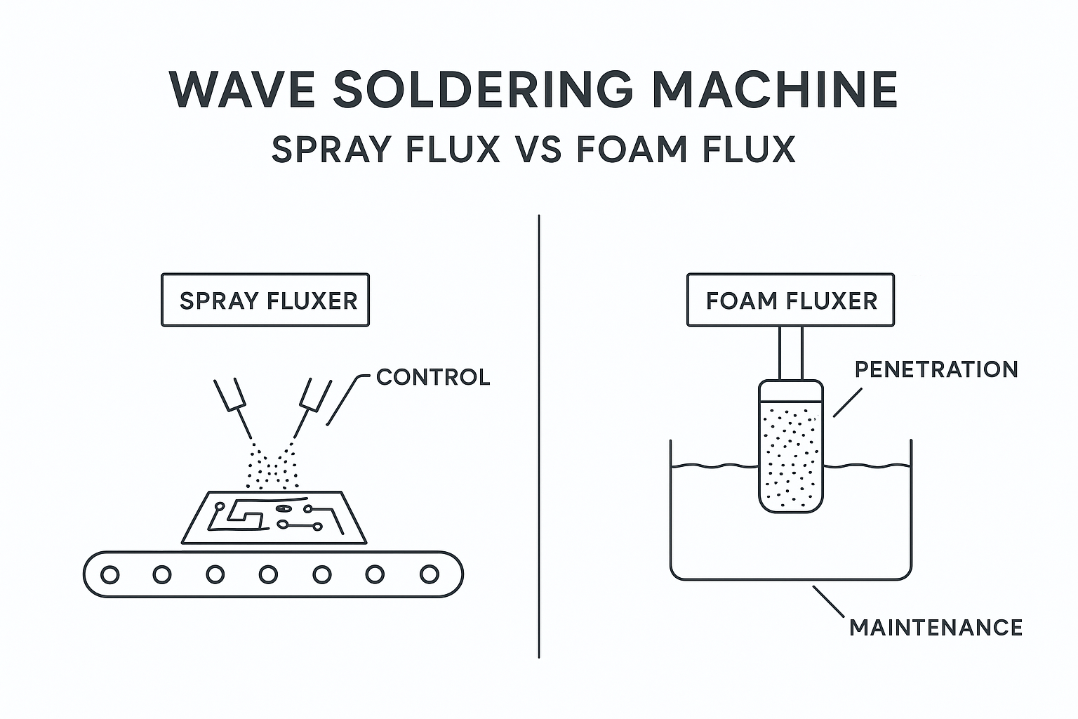 Minimalist engineering infographic comparing wave soldering spray fluxer vs foam fluxer with a few parameter callouts