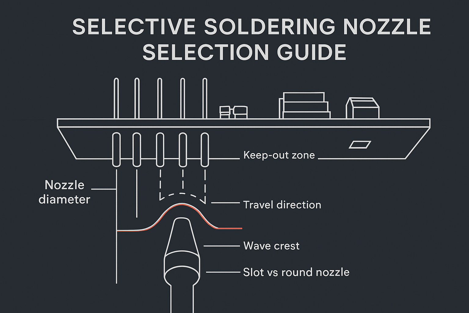 Engineering infographic of selective soldering nozzle selection (nozzle diameter, keep-out, travel direction)