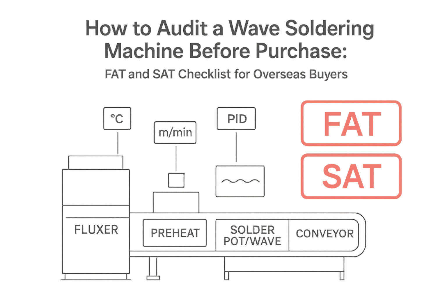 Minimalist engineering infographic of a wave soldering line with FAT and SAT audit labels