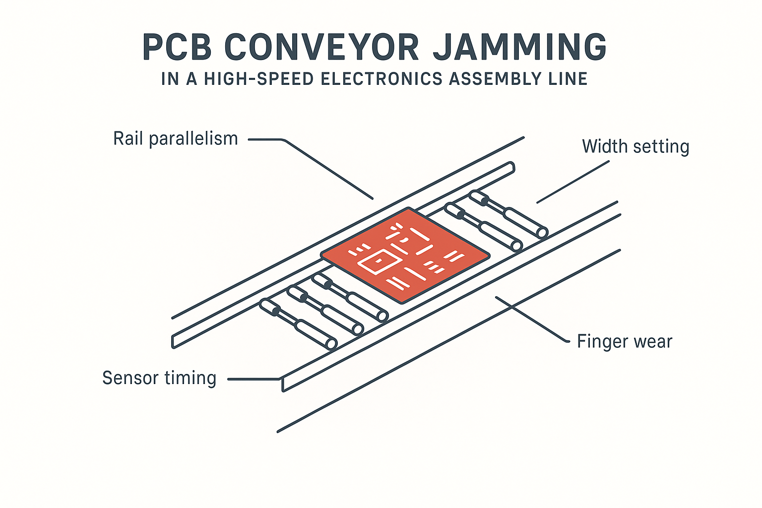 How to Reduce PCB Conveyor Jamming in High-Speed SMT Lines: Root Causes and Solutions - S&M Co.Ltd Minimalist schematic infographic of PCB conveyor jamming root causes