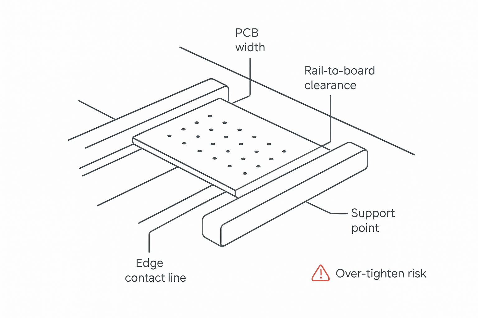 PCB Conveyor Width Adjustment: How to Set Rail Guides for Different PCB Sizes Without Causing Warpage - S&M Co.Ltd Minimal engineering schematic of PCB conveyor width adjustment and rail-to-board clearance