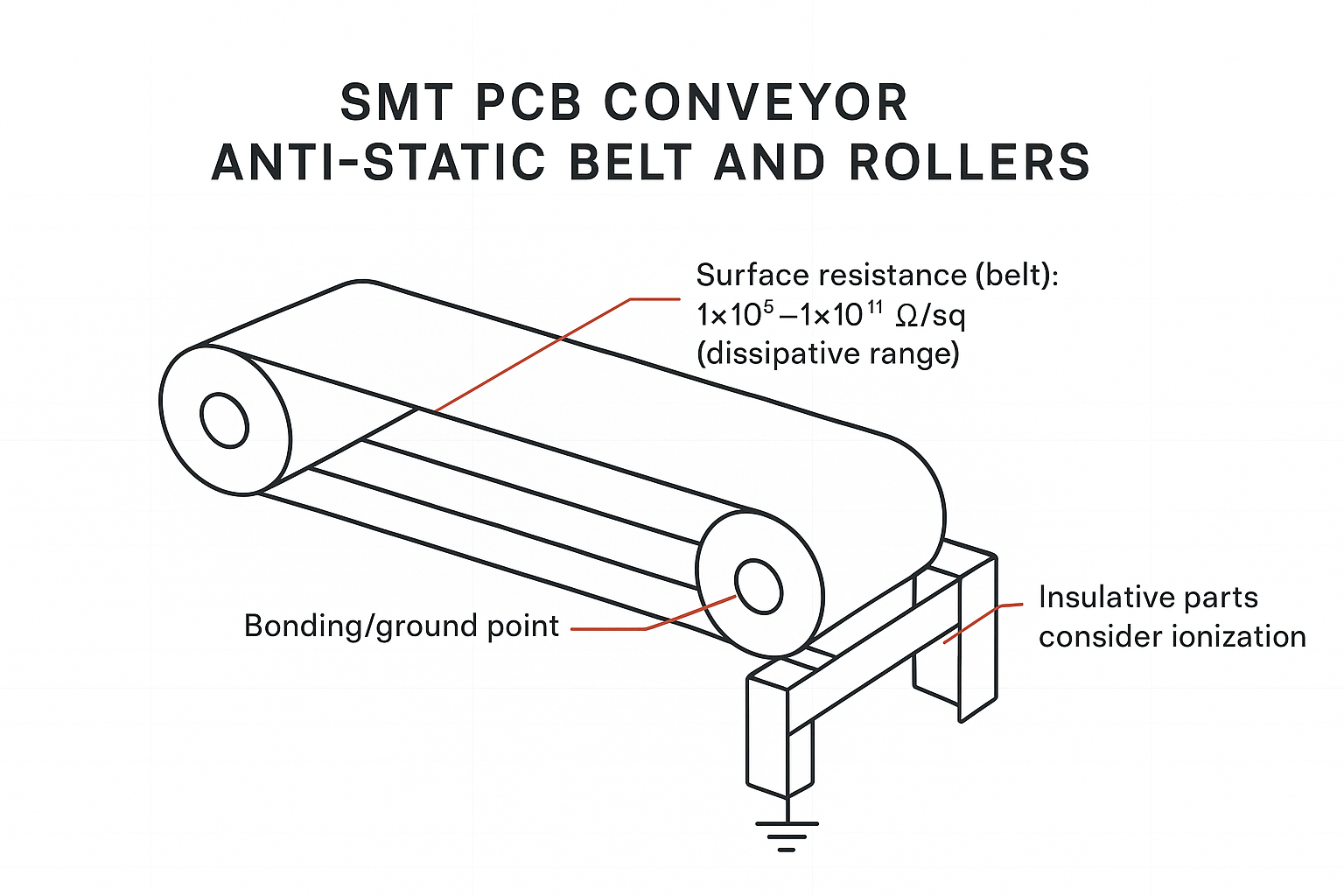 Minimalist schematic of an SMT conveyor anti-static belt and rollers with grounding path and surface resistance callouts