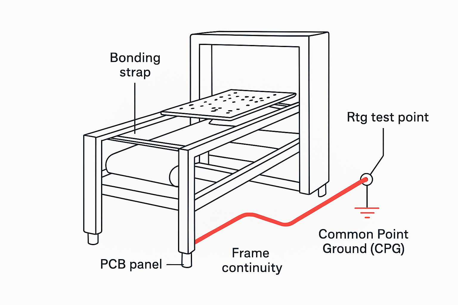 PCB conveyor grounding schematic with common point ground and test point