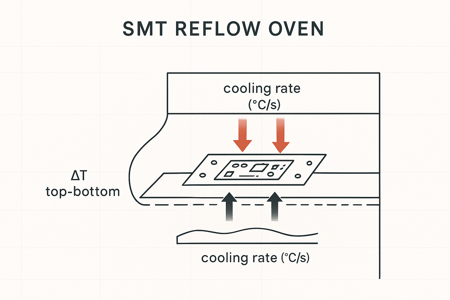 Engineering schematic of an SMT reflow oven cooling zone showing asymmetric top and bottom cooling airflow, with callouts for top-bottom ΔT, cooling rate (°C/s), and board support