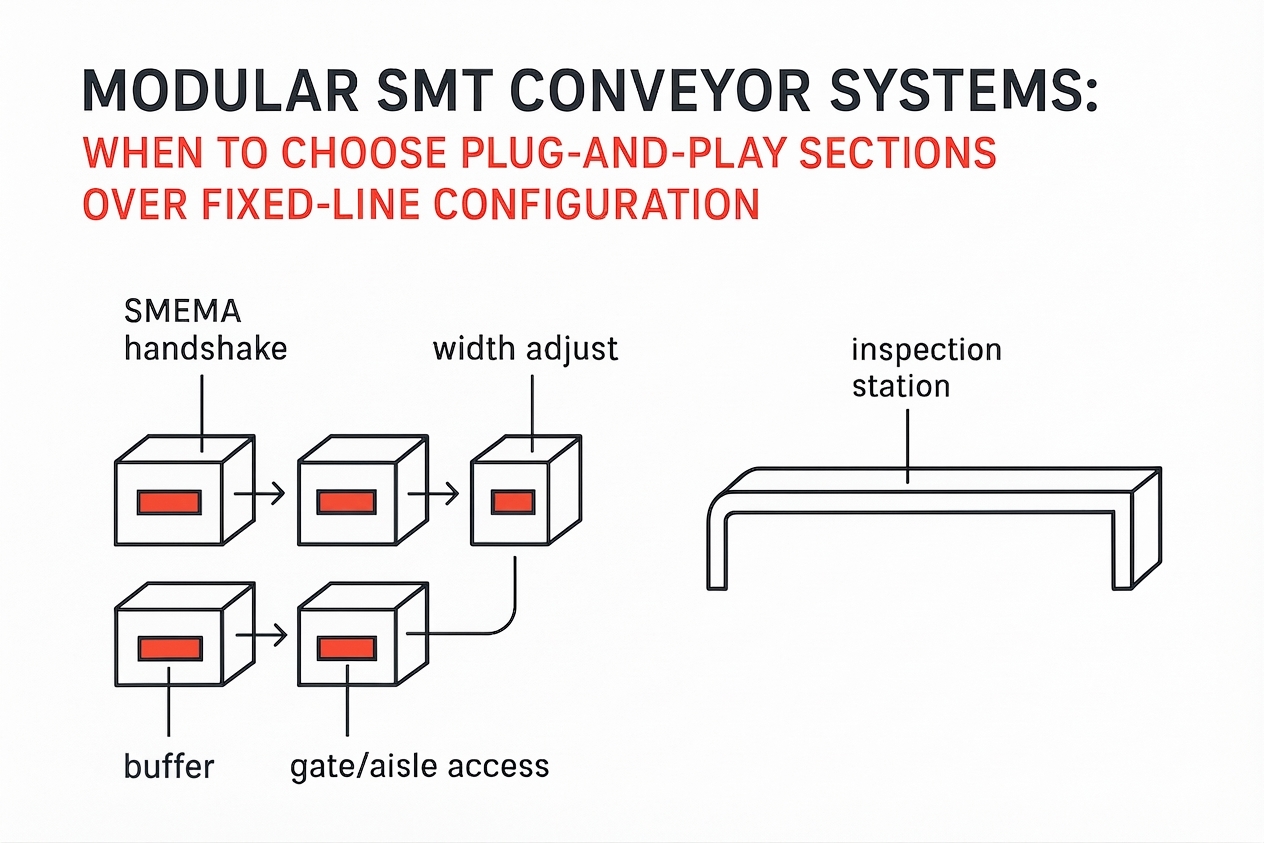 Modular SMT Conveyor Systems: When to Choose Plug-and-Play Sections Over Fixed-Line Configuration - S&M Co.Ltd Modular SMT conveyor systems schematic comparing plug-and-play sections vs a fixed-line configuration