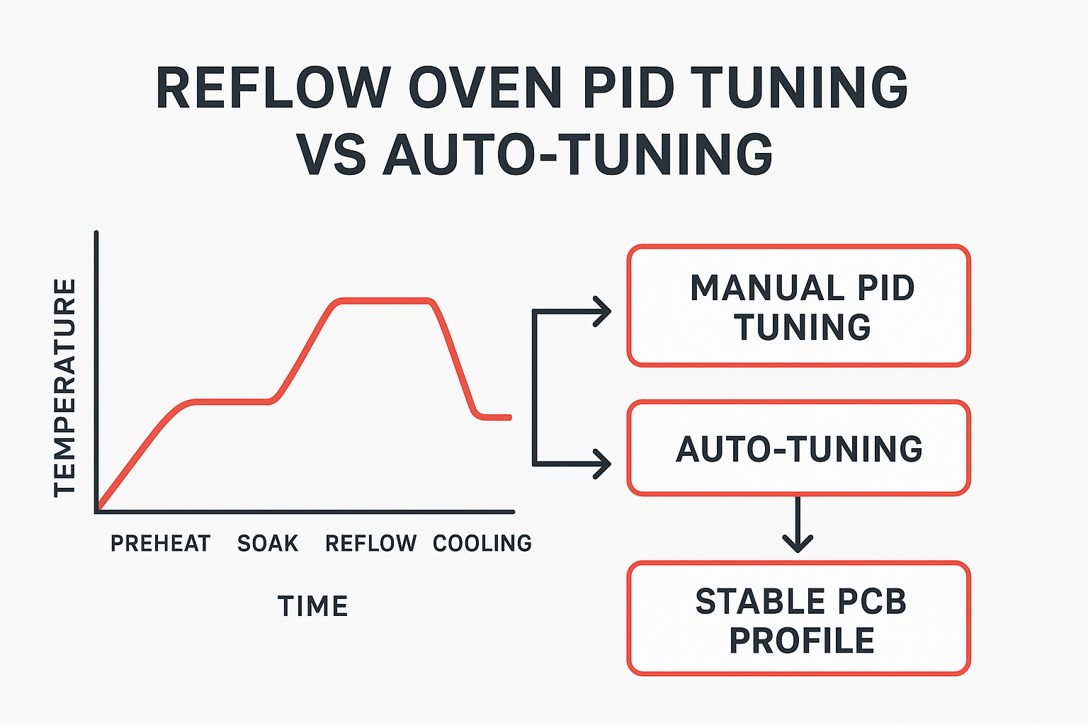 Minimalist engineering infographic comparing manual PID tuning and auto-tuning for a multi-zone reflow oven; includes Ku/Pu callouts and load-change disturbance.