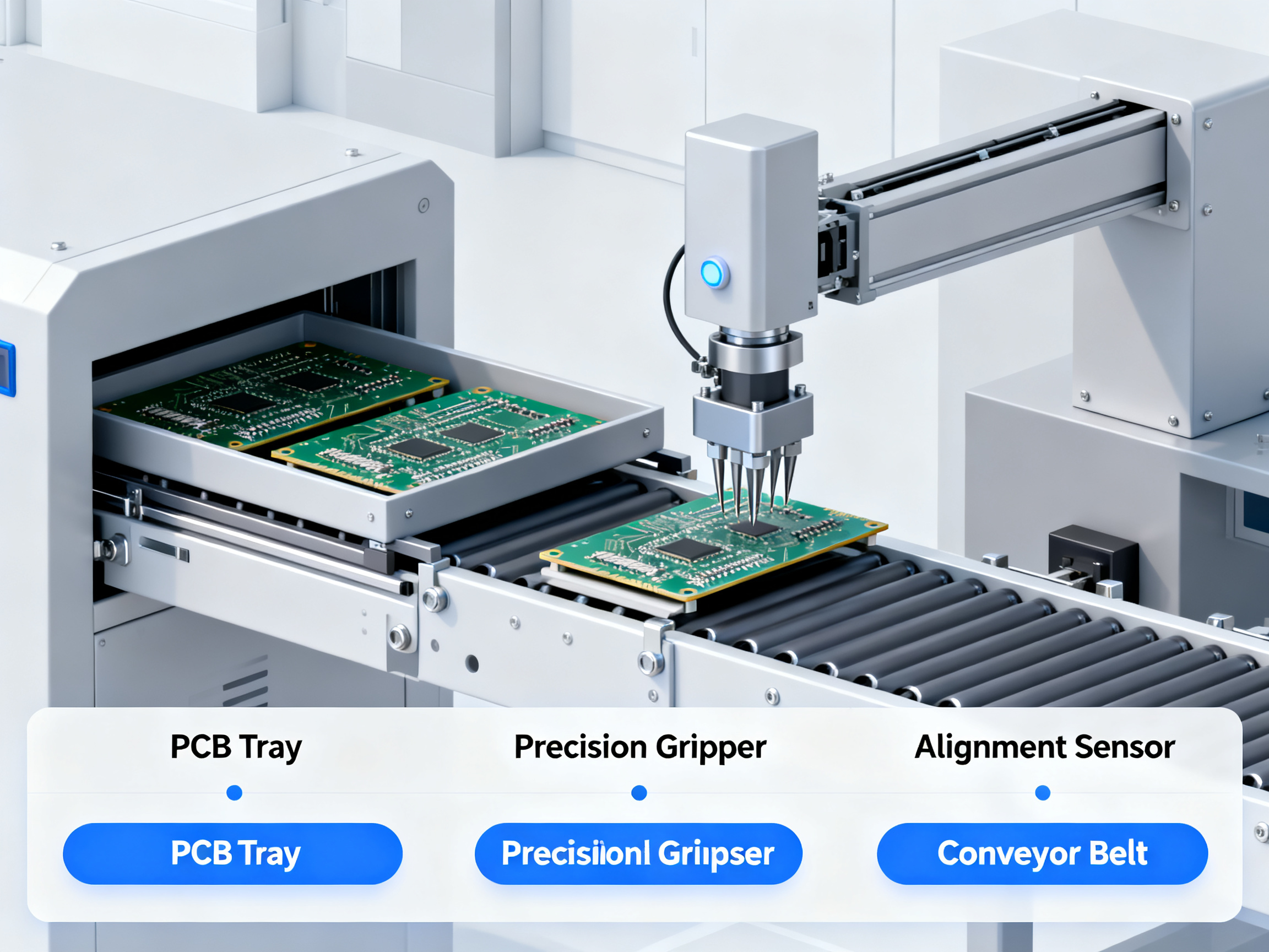 Top Automatic PCB Loader Machines and SMT Loaders in 2026: Reviews, Features, and Price Guide3 - S&M Co.Ltd Minimal engineering infographic of an automatic pcb loader in operation at a fac.