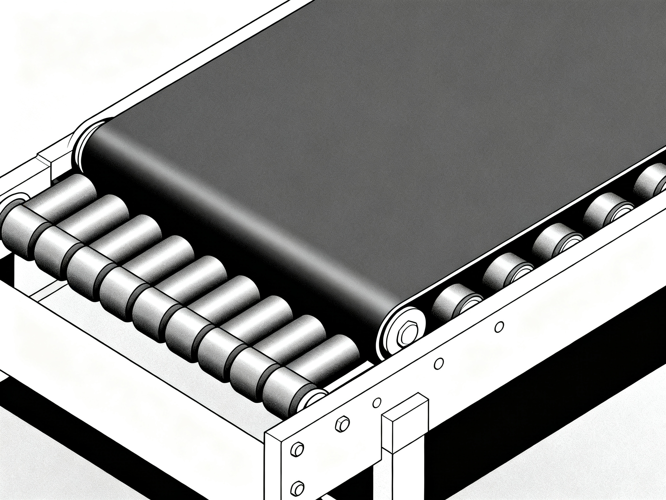 Minimal engineering infographic focused on roller bed conveyor belts optimized for smoother heavy-duty transport.