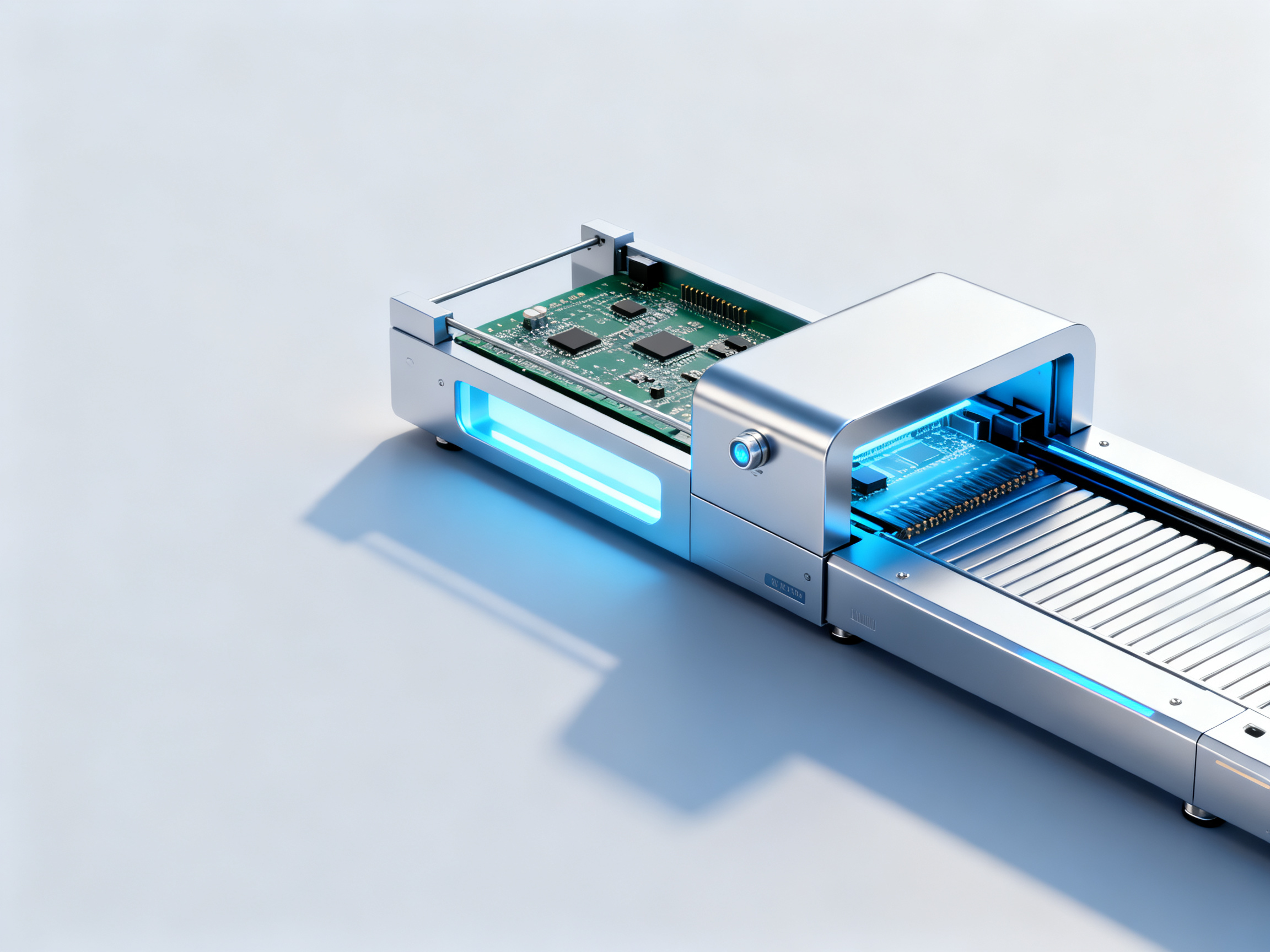 Automatic PCB Unloaders: Your Guide to Efficient SMT Assembly Optimization2 - S&M Co.Ltd A futuristic depiction of an AI-driven smart PCB unloader.