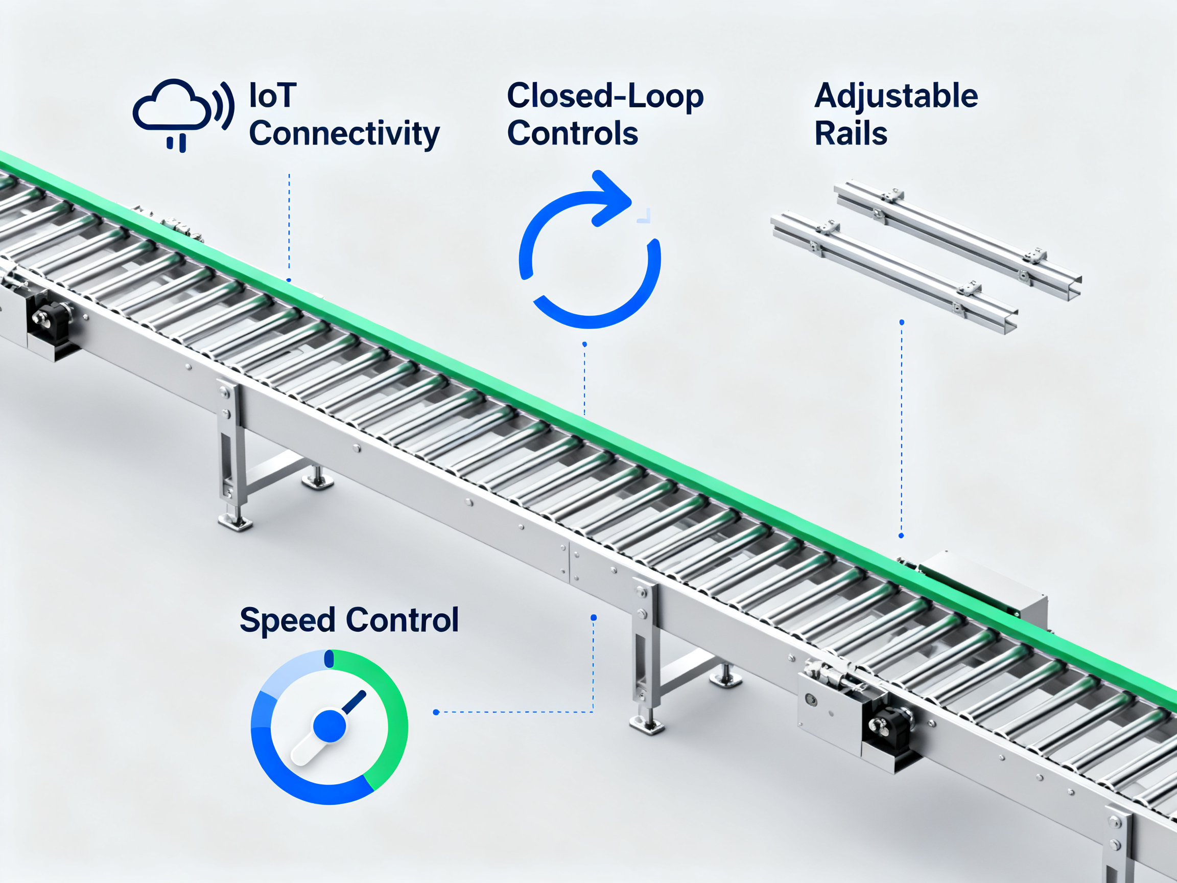 Minimal engineering infographic showing key conveyor features like IoT connectivity.
