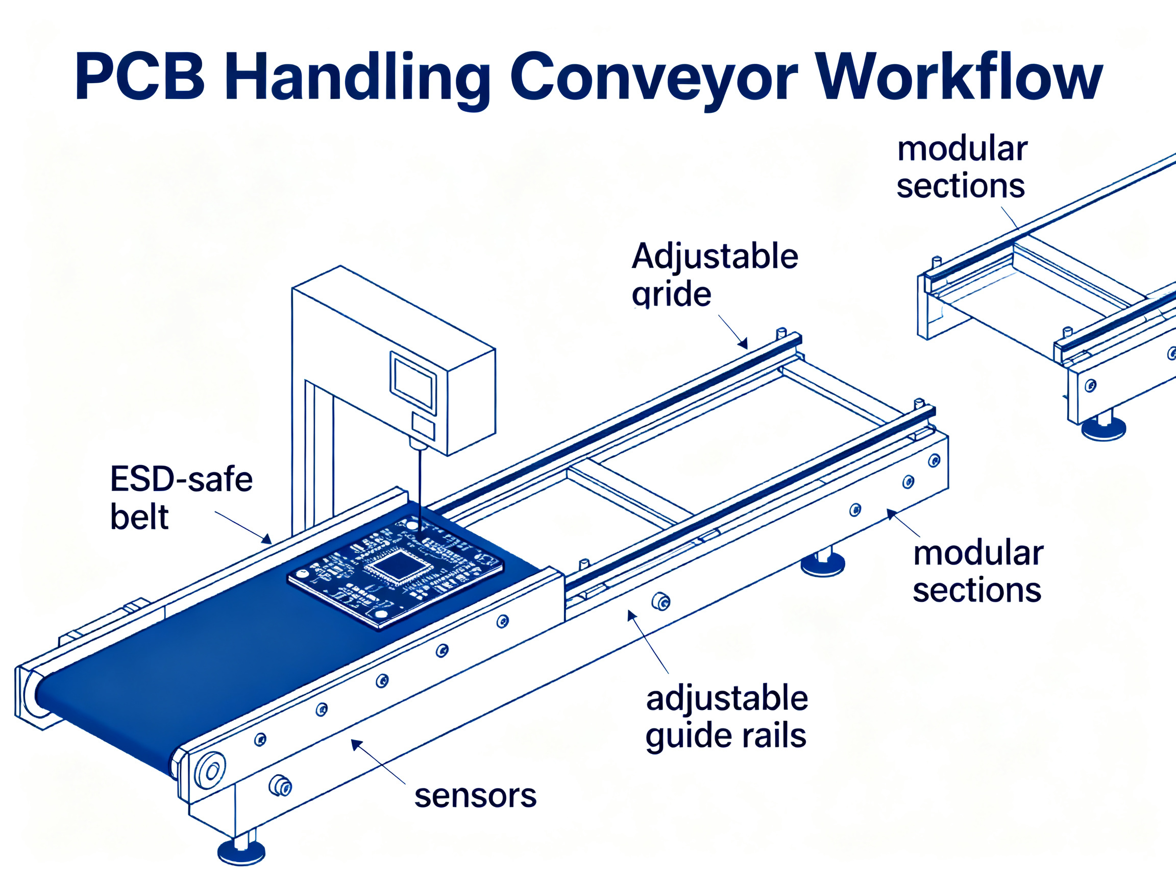Minimal engineering infographic illustrating the workflow of PCB handling conveyors.