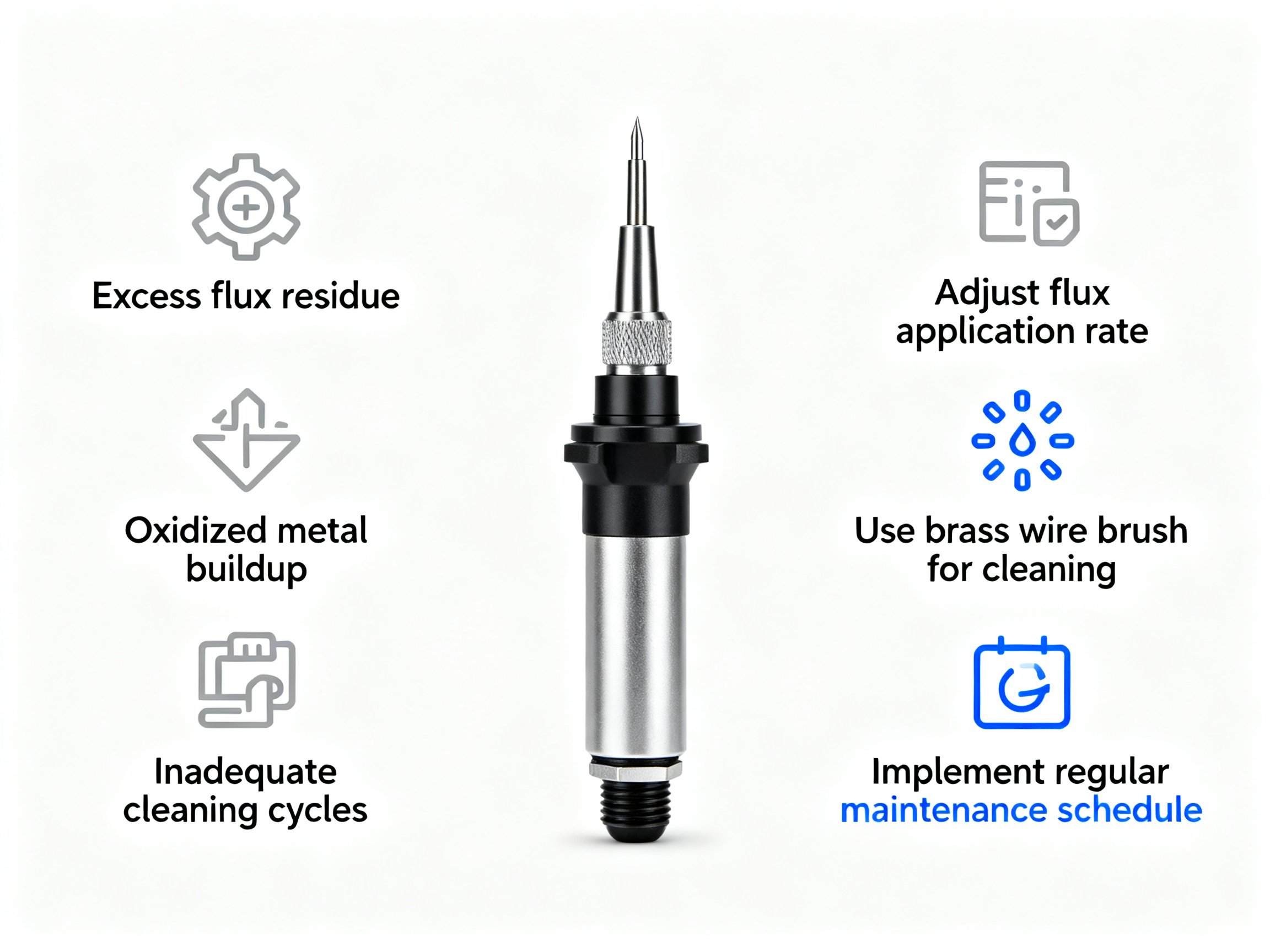 Minimal engineering infographic style showing clogged soldering nozzles with label definitions.