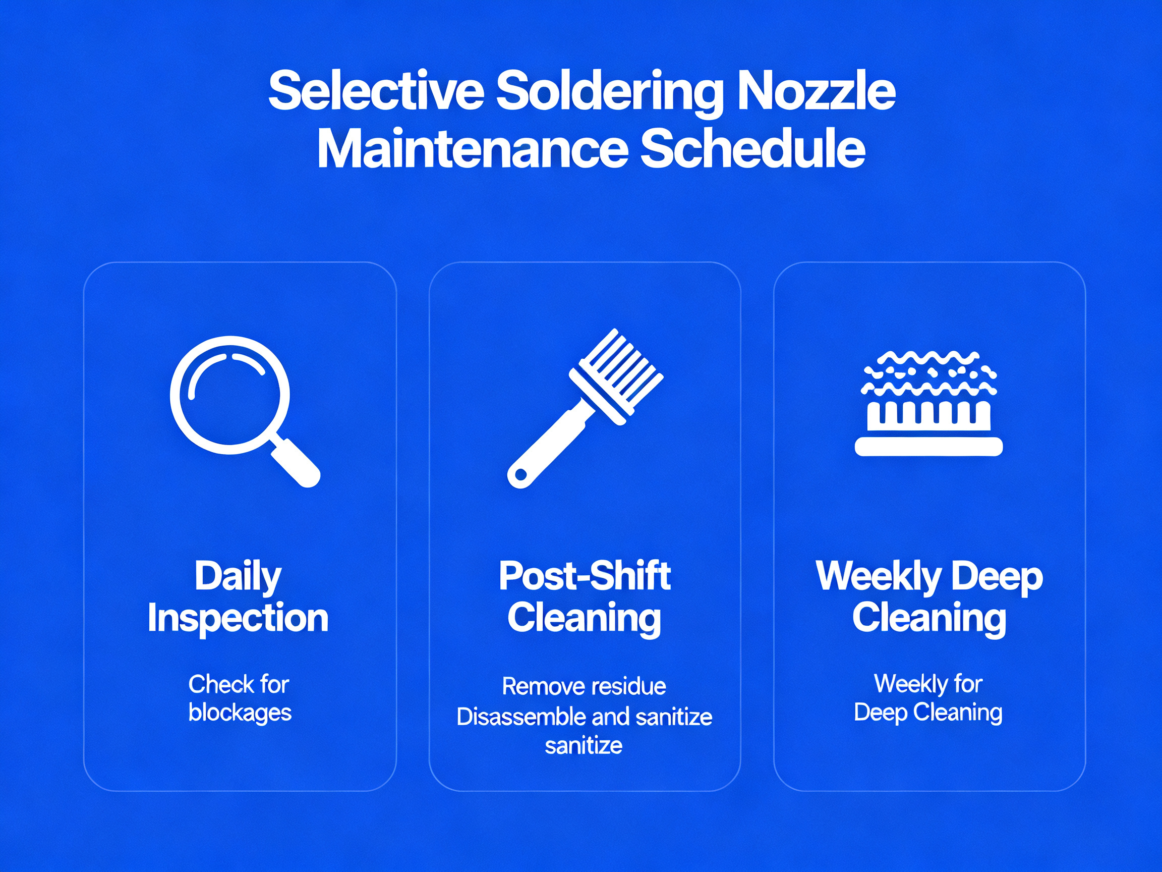 Minimal engineering infographic style visualizing a maintenance schedule for selective soldering.