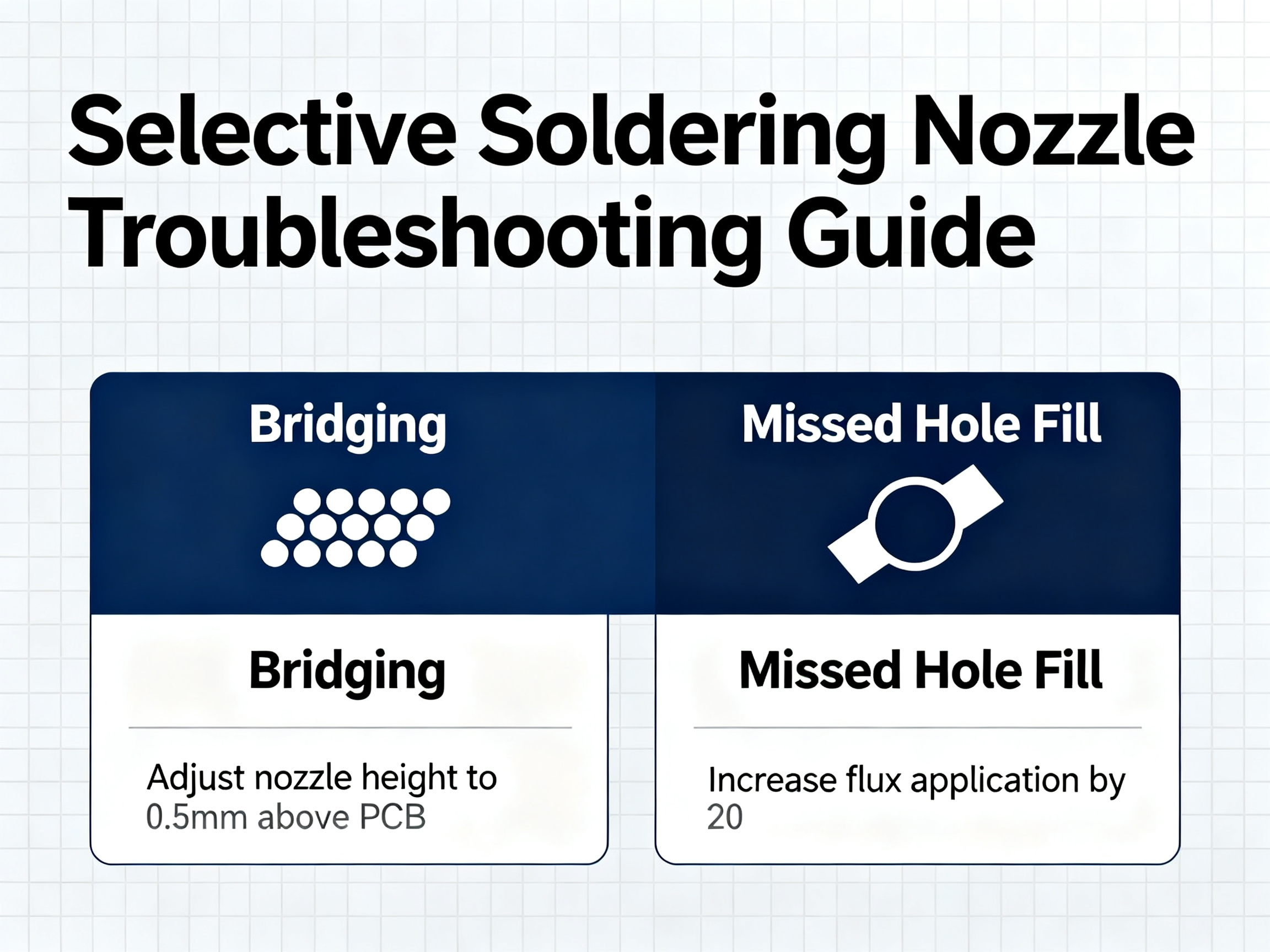 Minimal engineering infographic: a troubleshooting guide for selective soldering.