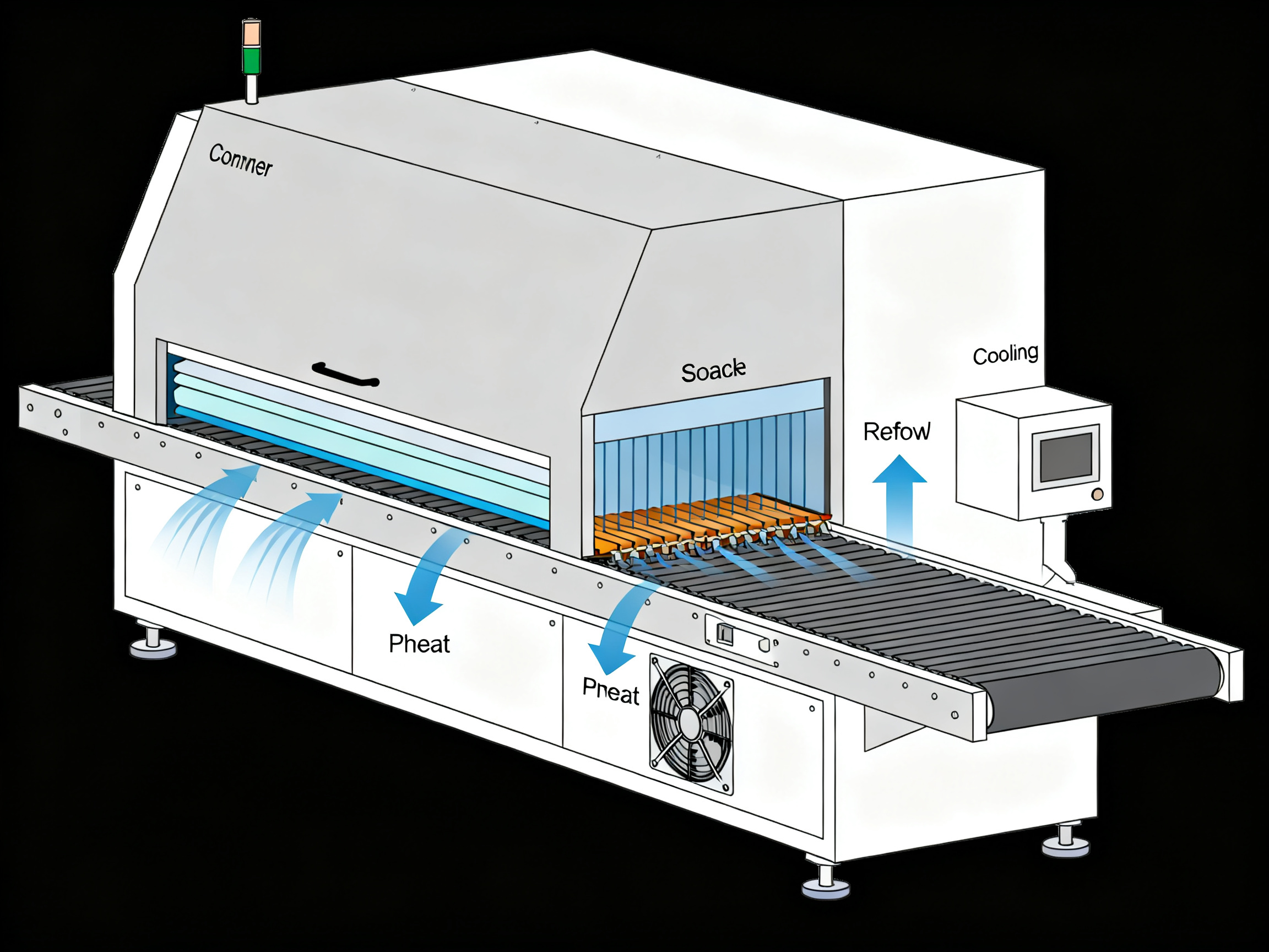 The Ultimate Guide to Selecting the Best Industrial Oven for Your Needs3 - S&M Co.Ltd Minimal engineering infographic: key features of a conveyorized SMT reflow oven.