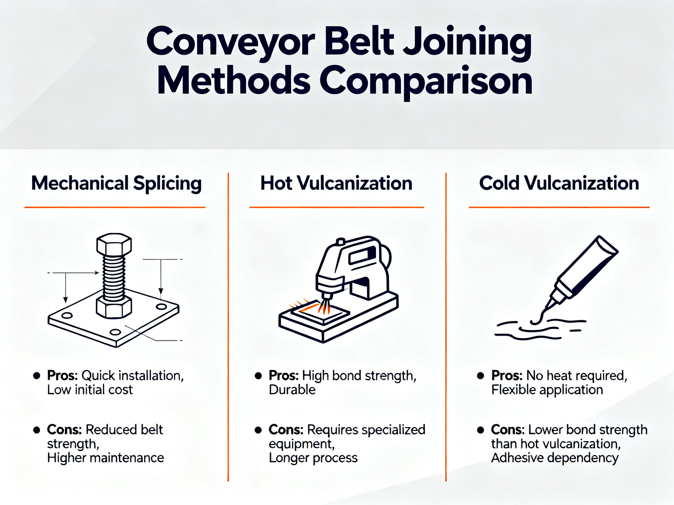 How to Join, Manufacture, and Maintain PVC Conveyor Belts: Ultimate Guide to Methods and Tips - S&M Co.Ltd Minimal engineering infographic: Visual comparison of mechanical splicing, hot vulcanization, and cold vulcanization.